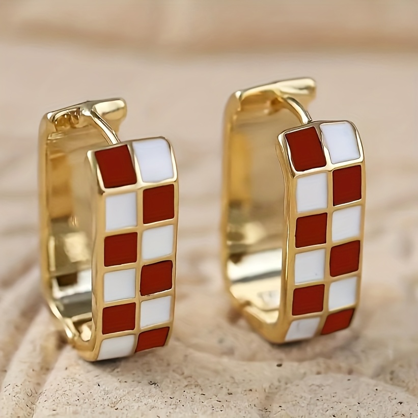 TEMU 1 Paire de Bijoux de Mariage Vintage pour Femmes, Style Minimaliste, Cadeau Tendance, Blanc et Rouge à Carreaux, Bague Carrée et Boucles