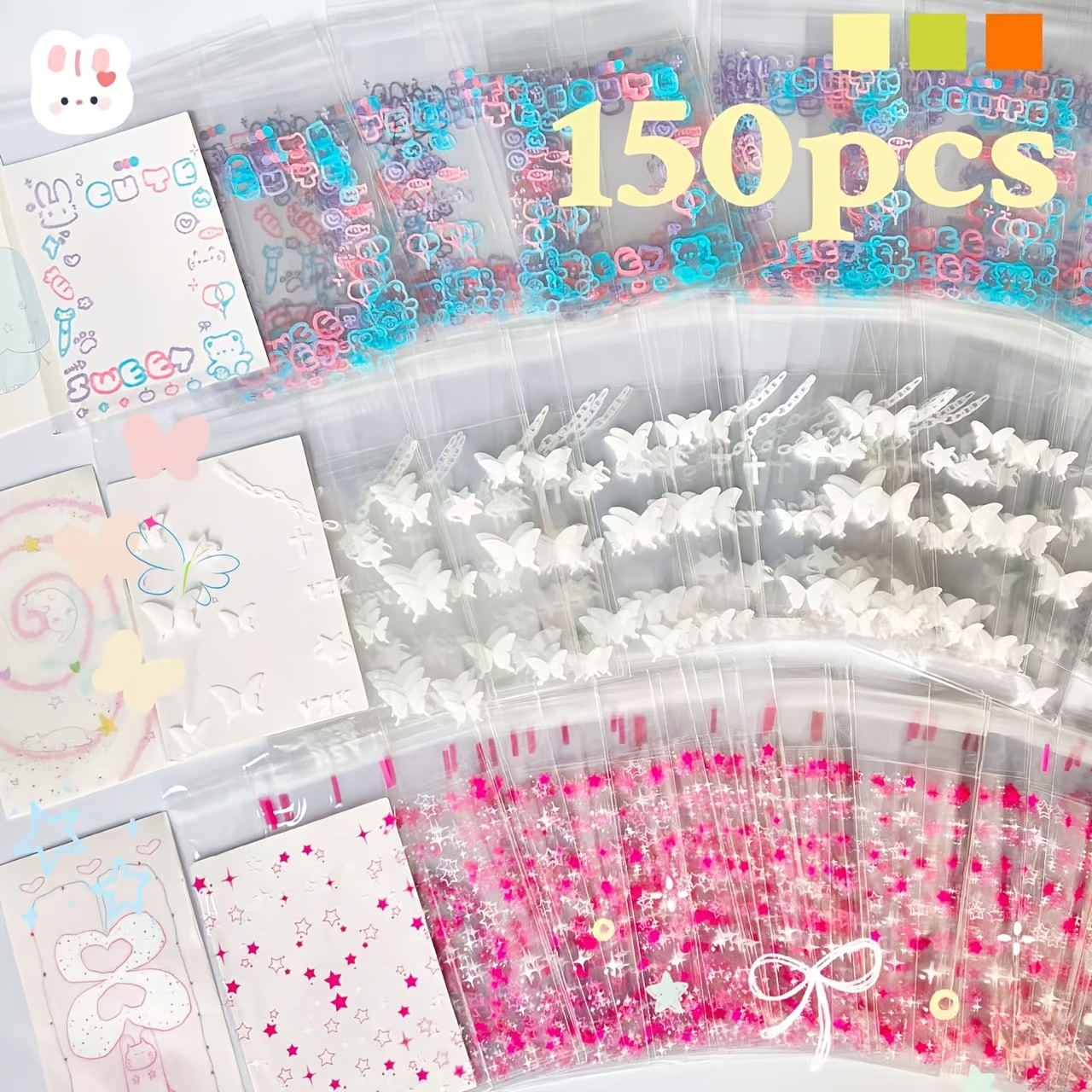 TEMU 150pcs Star, Bow, Rabbit, Heart Plastic Bags, Packaging Bags, Opp Self-adhesive Bags, Cartoon Printed Packaging Bags, Small Pouches, Card