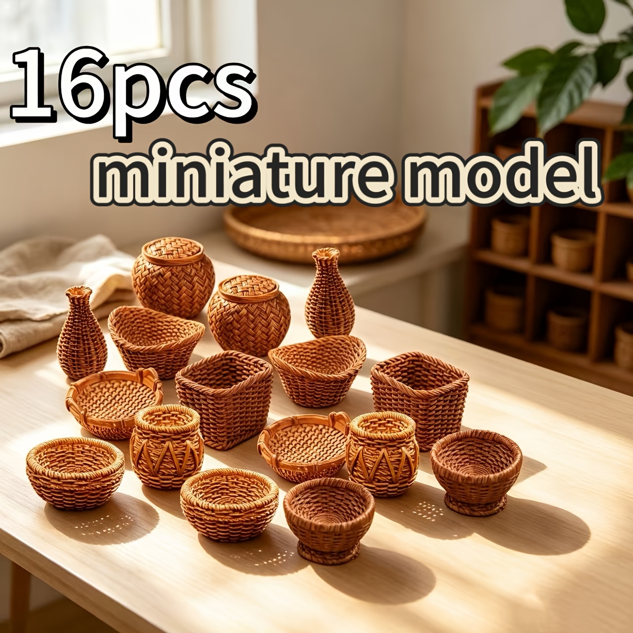 TEMU Juego de 16 piezas, adornos de de cesta tejida en miniatura, kit de de cesta tejida - Decoración para cocina y dormitorio de casa de muñecas,