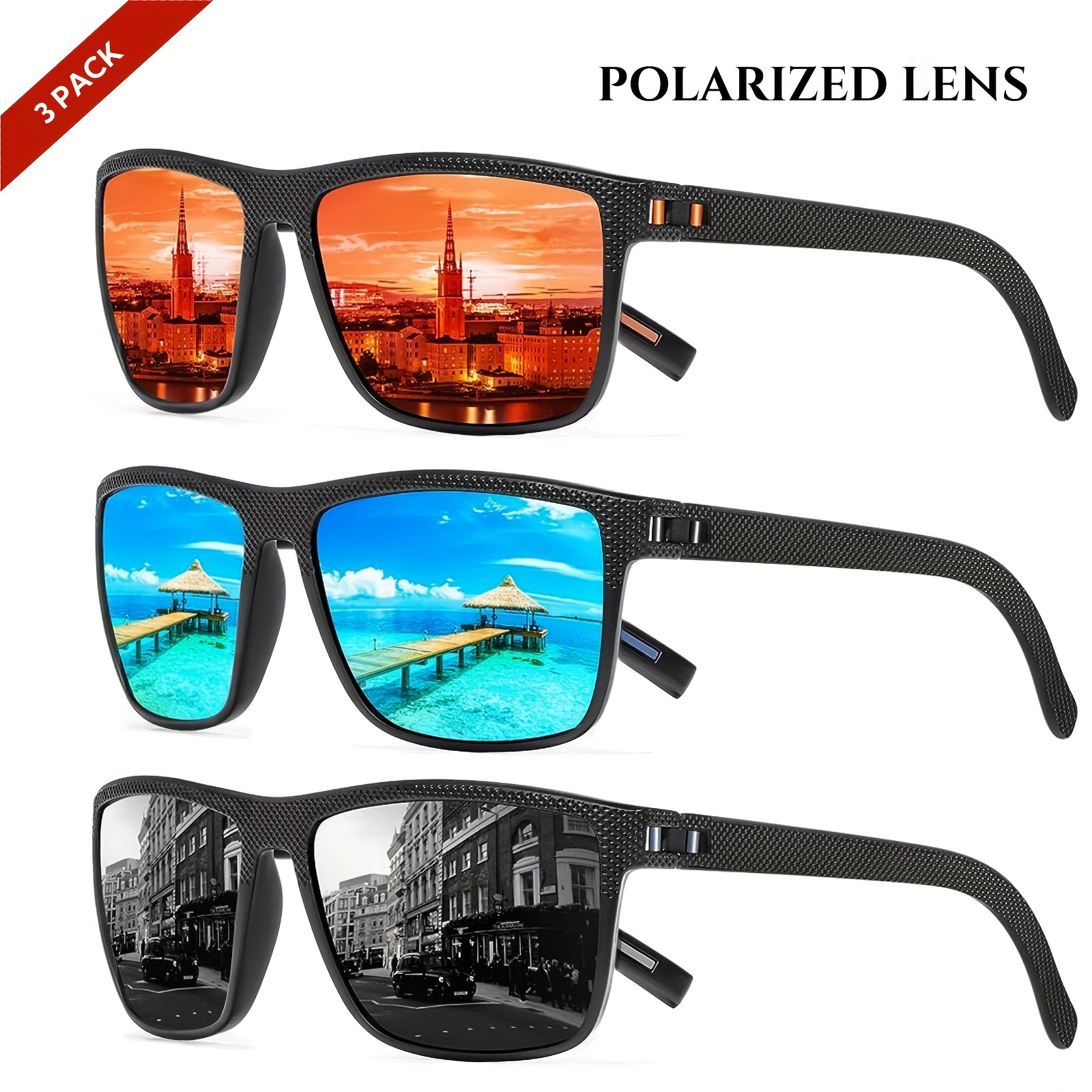 

3pcs Turbopep Polarized Fashion Glasses For - Lightweight Square Frame With Protection, Vibrant & Beach Scene Lenses - Ideal For Outdoor Sports, Travel &