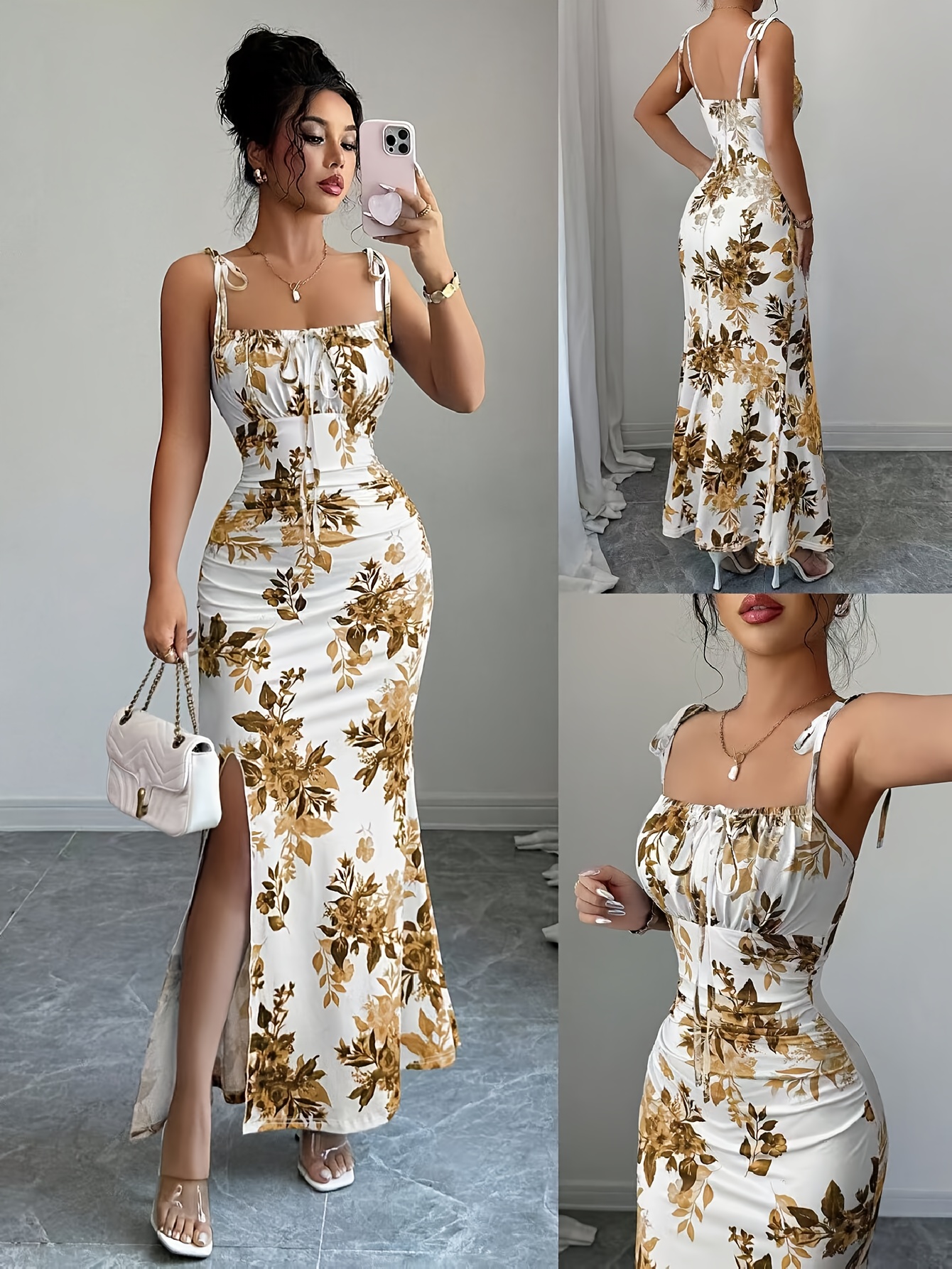 Ladies' Elegant Printed Spaghetti Strap Ruffled Shoulder Tie Bow Hip Slit Dress for Dates, Parties, Gatherings, Beach Vacations