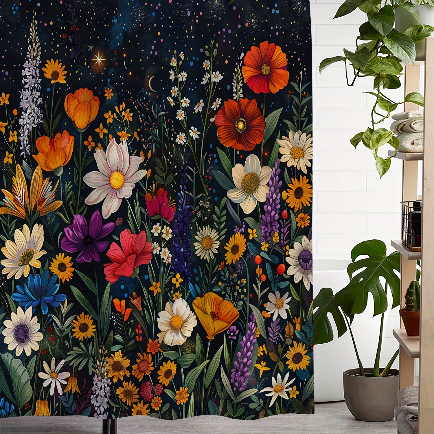 

Water-resistant Floral Shower Curtain With Hooks - Machine Washable, Artistic Print Polyester Bath Curtain, Woven Water-repellent Bathroom Accessory With Various Flower Patterns