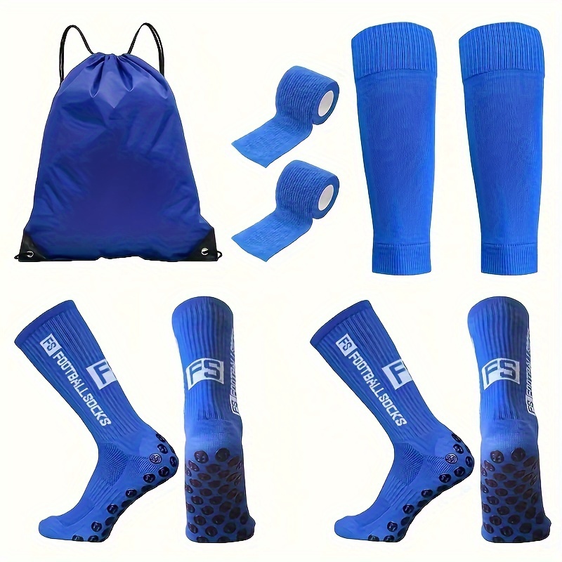 

5pcs Athletic Tube Socks Set With Drawstring Backpack - Polyester & Spandex , Machine Washable, Solid Color, Knit Fabric Socks For Men, Includes Sports Calf Sleeves & Tape - Training & Holiday Gear