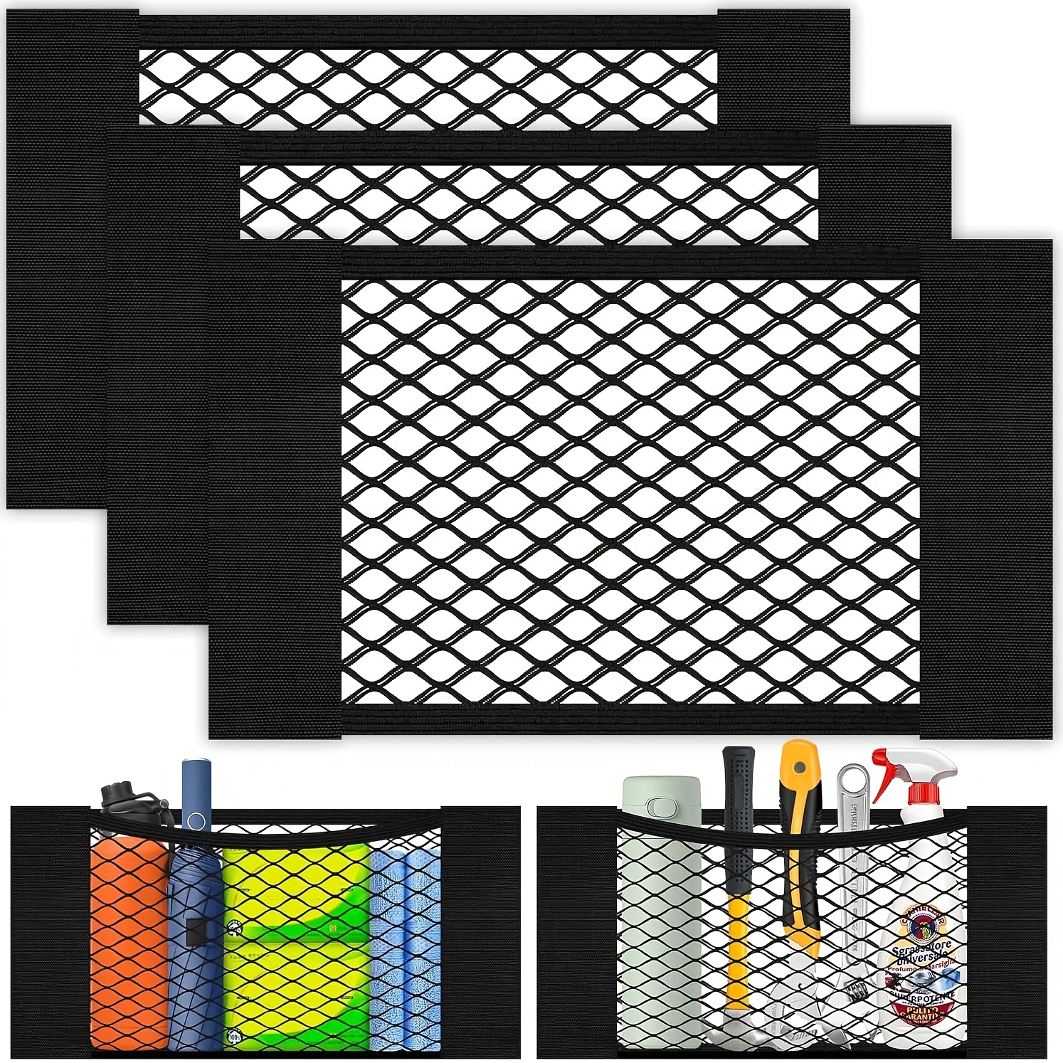 TEMU 3pcs Elastic Mesh Cargo Net Organizer Bags, Fixed Storage Bags, Suitable For Car Trunks, Car Seat Backs, Rvs, Campers, Ship Compartments, Heavy