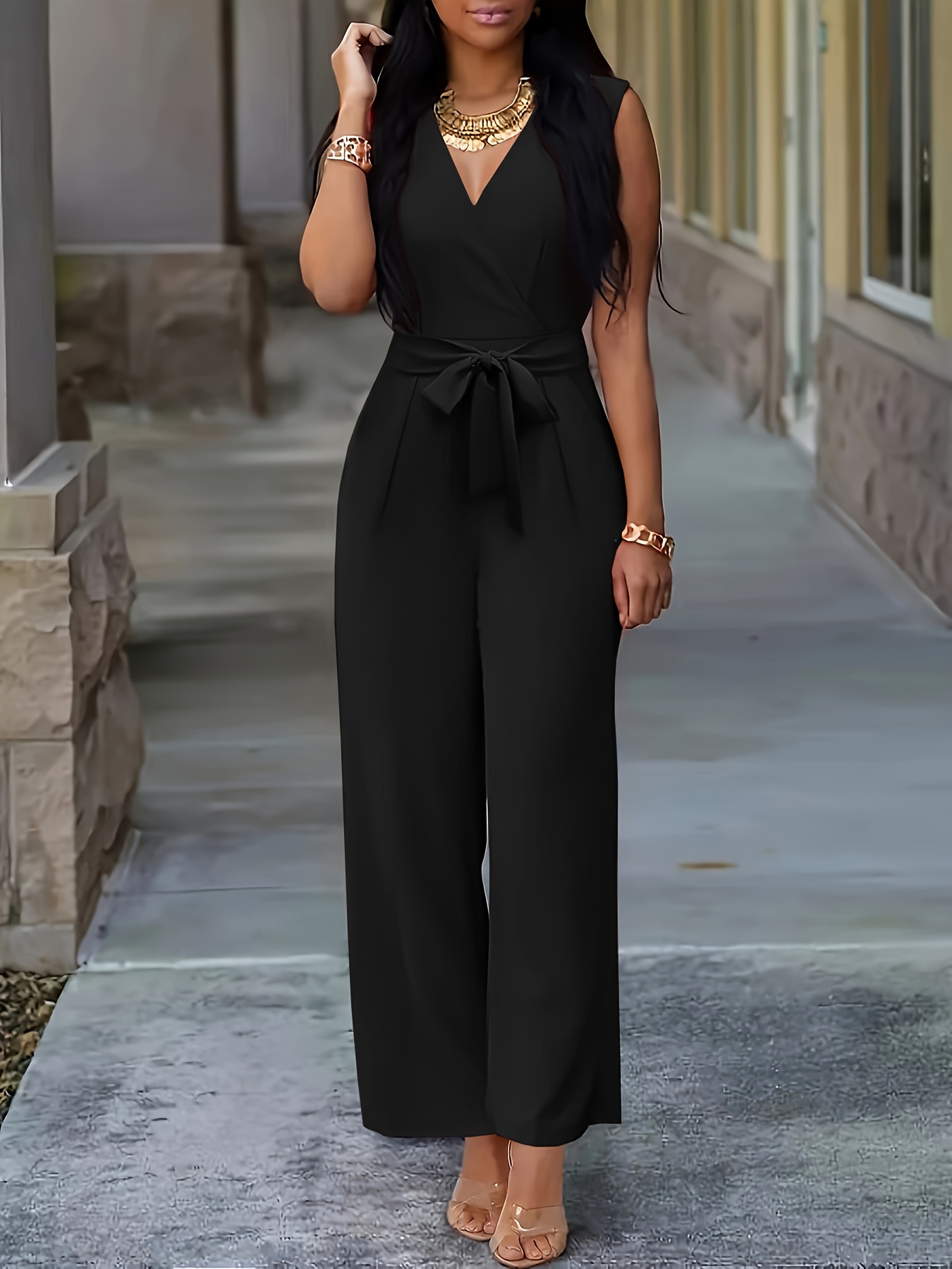 First-Class Directional Vacation Fashion Casual Solid Color Wide-Leg  Jumpsuit with Belt