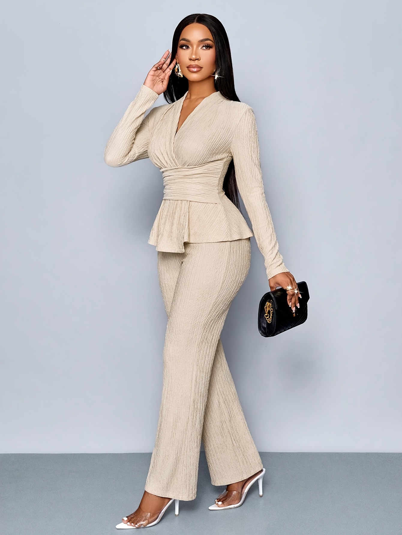 fato de   peças elegante   para mulheres com decote em v e   compridas, bainha assimétrica, calças de perna larga e bolsa - perfeito para o escritório ou uso casual, vestuário casual|conjunto elegante de   peças|bainha assimétrica 0