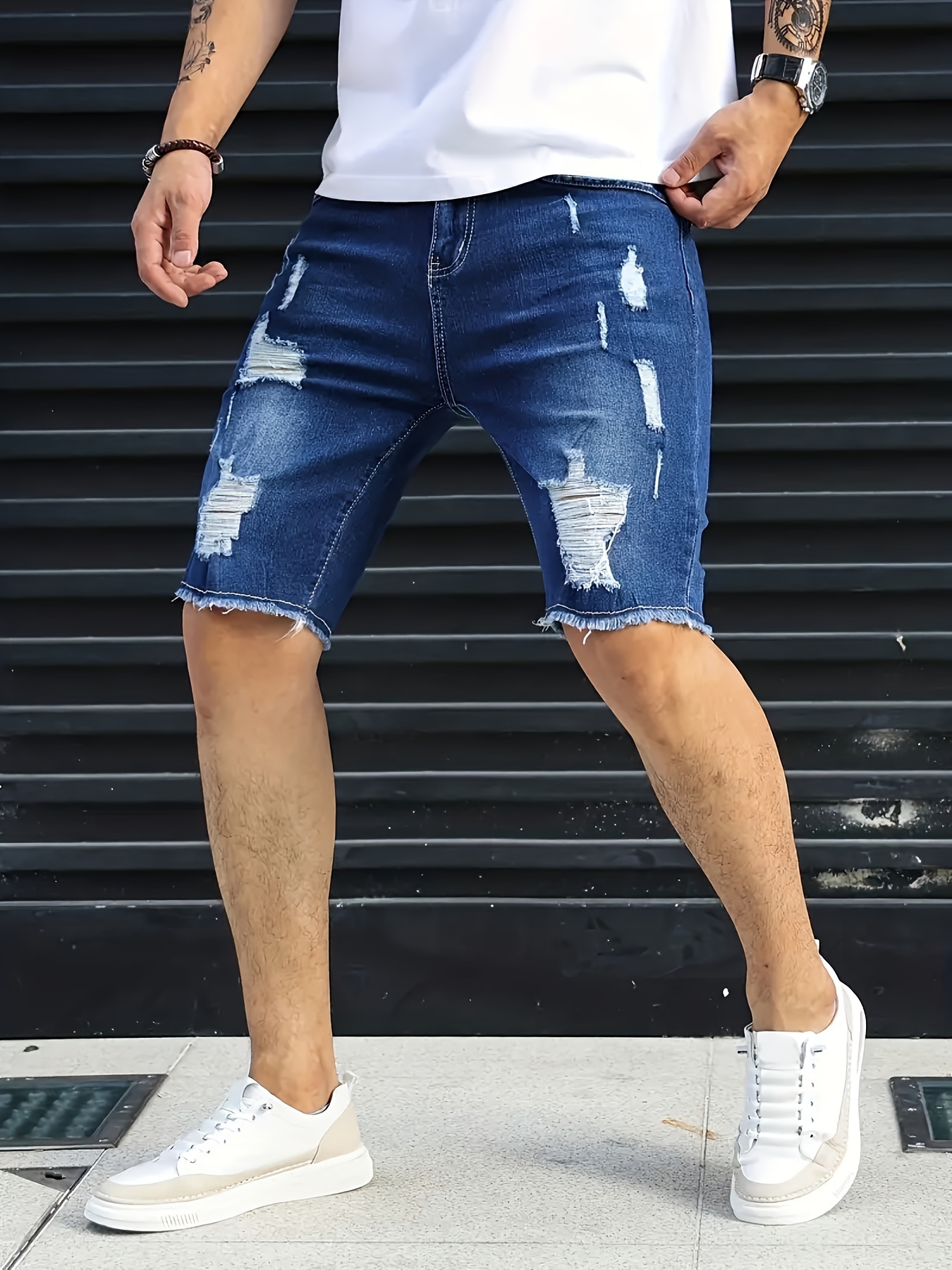 *'s Casual Skinny Fit Ripped Denim Shorts, Knee-Length Jorts With Pockets,  Summer Street Style Fashion