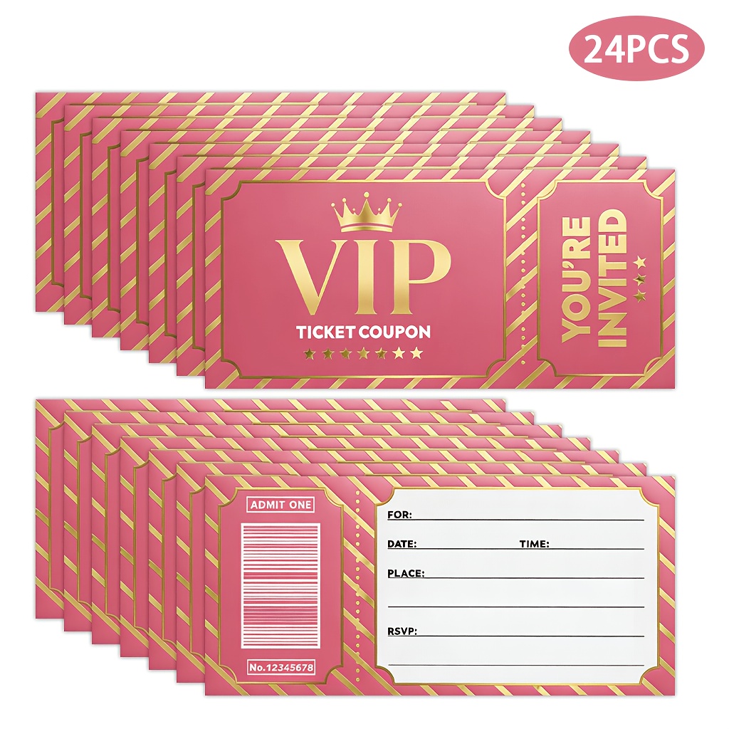 TEMU [party Invitations]set Of 24 Elegant Invitations In Black, Golden, And Pink, Designed Like Vip Passes, Perfect For Birthdays, Bachelorette