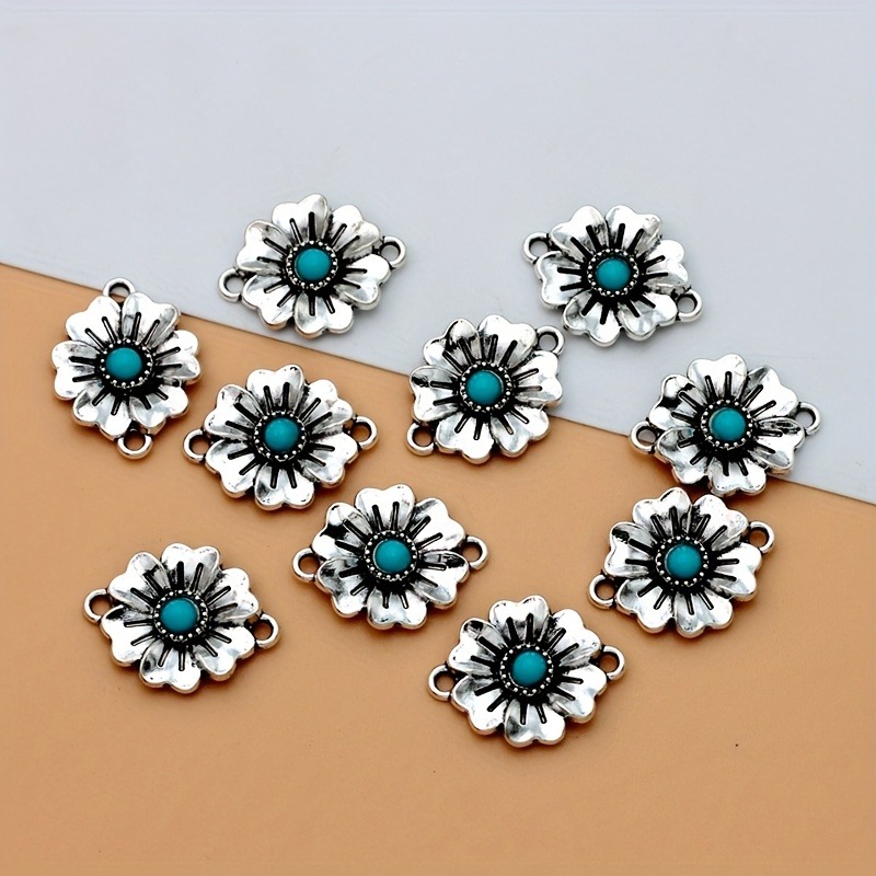 Image of Set Of 10 Hollow Blue Flower Connector Pendants, Featuring Antique Silvery Plating. Ideal For Small Business Supplies, Alloy Charms Are Perfect For Necklaces And Earrings For Jewelry Projects