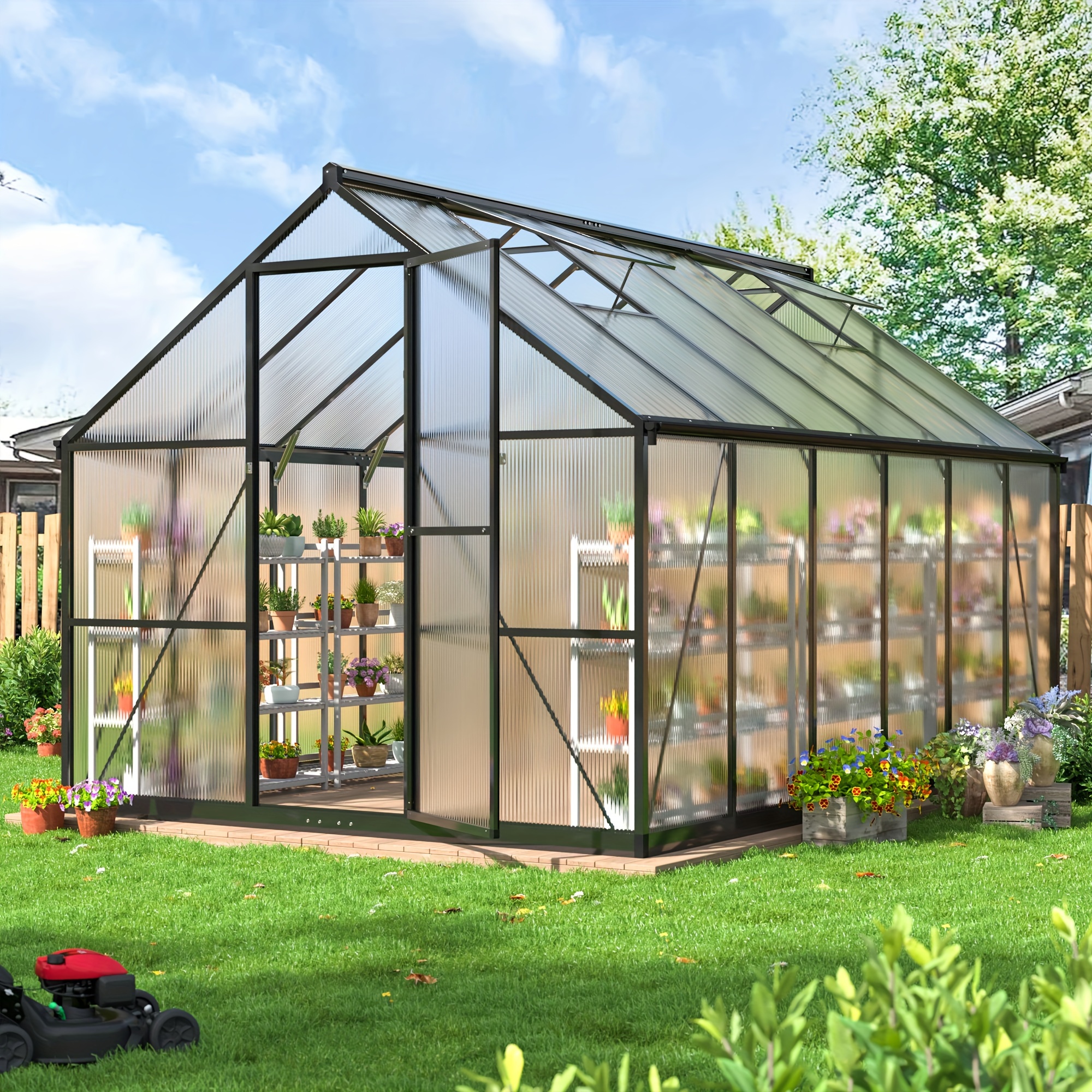 

12x8 Ft Greenhouse For Outdoors, Polycarbonate Greenhouse Setup Structure And Roof Vent, Aluminum Large Walk-in Greenhouse For Outside Garden Backyard