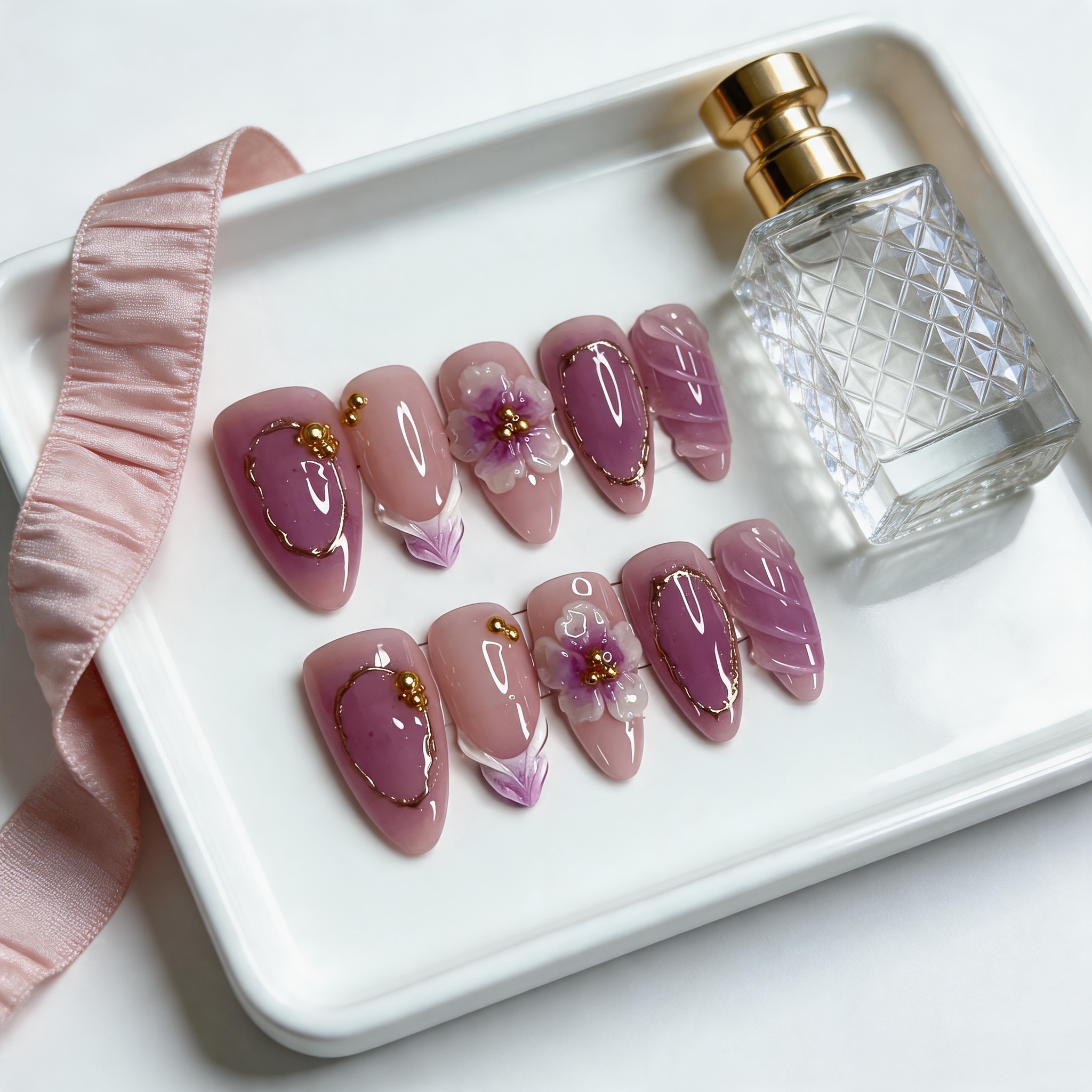 TEMU 10pcs Almond Shaped Press On Nails, 3d Flower Press On Nails With And Beads, Glossy Reusable Fake Nails For Women, Sweet Elegant Style For Daily