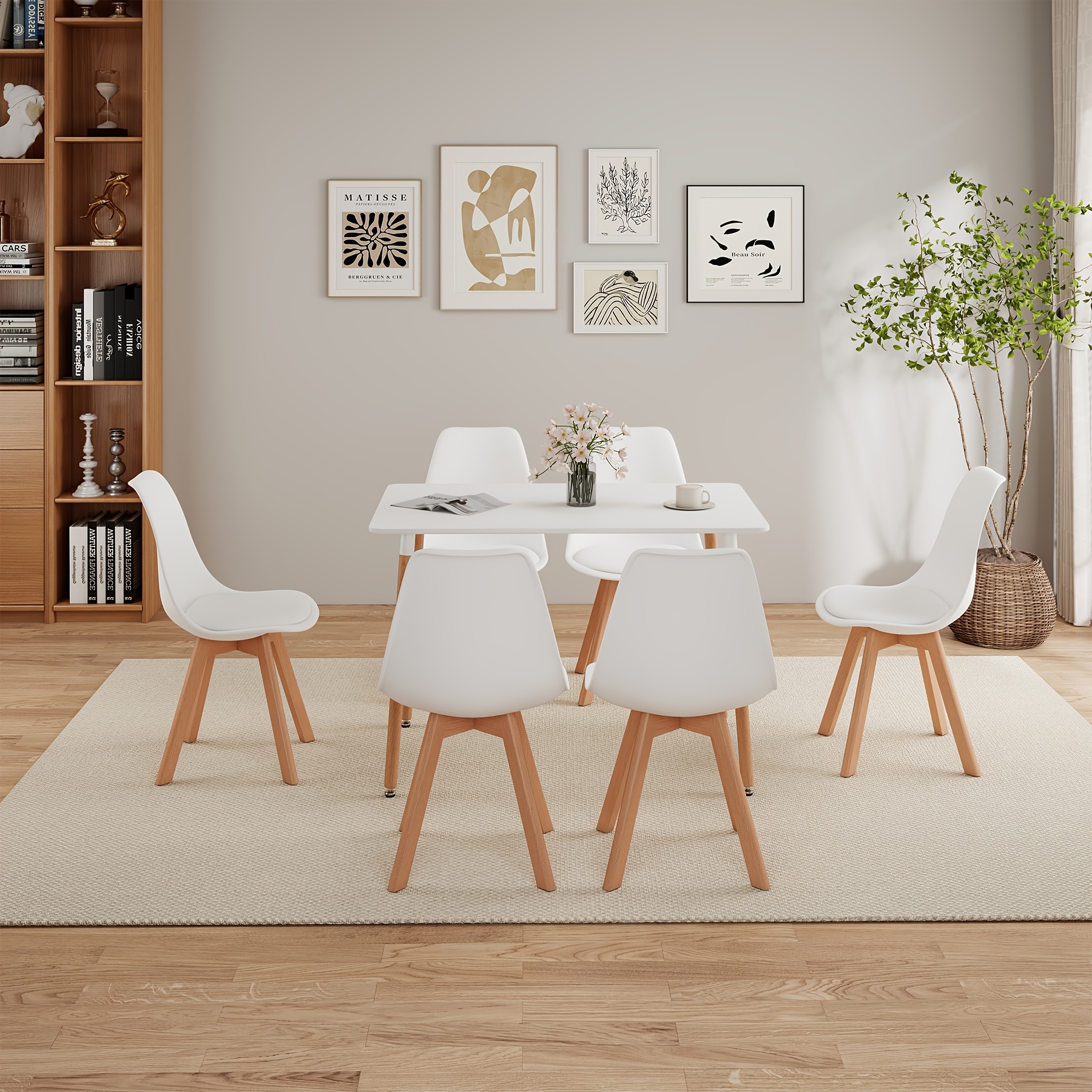 Egoonm Rectangular Dining Table With 6 Chairs; 110cm Kitchen Table With 6 Upholstered Dining Chairs (faux Leather Seat And Wood Legs), Ideal For Dining Room, Living Room, Office (white)