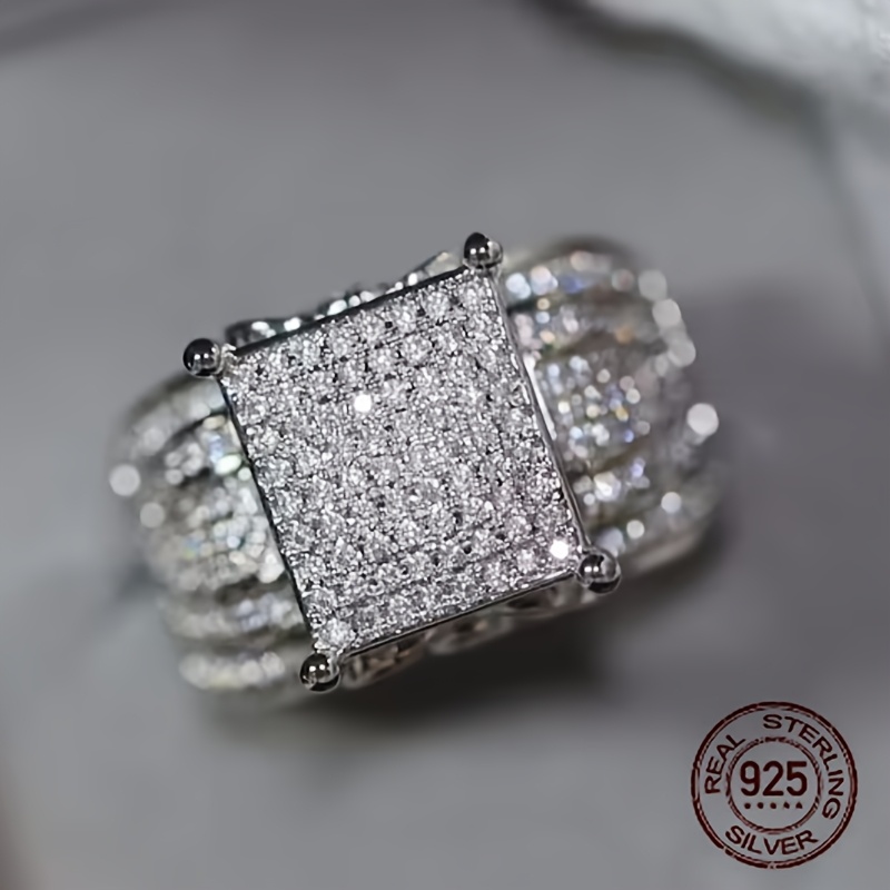 Exaggerated 925 Sterling Silver Ring Full White Synthetic Zirconia Engagement Jewelry for Women Valentine's Day Gift