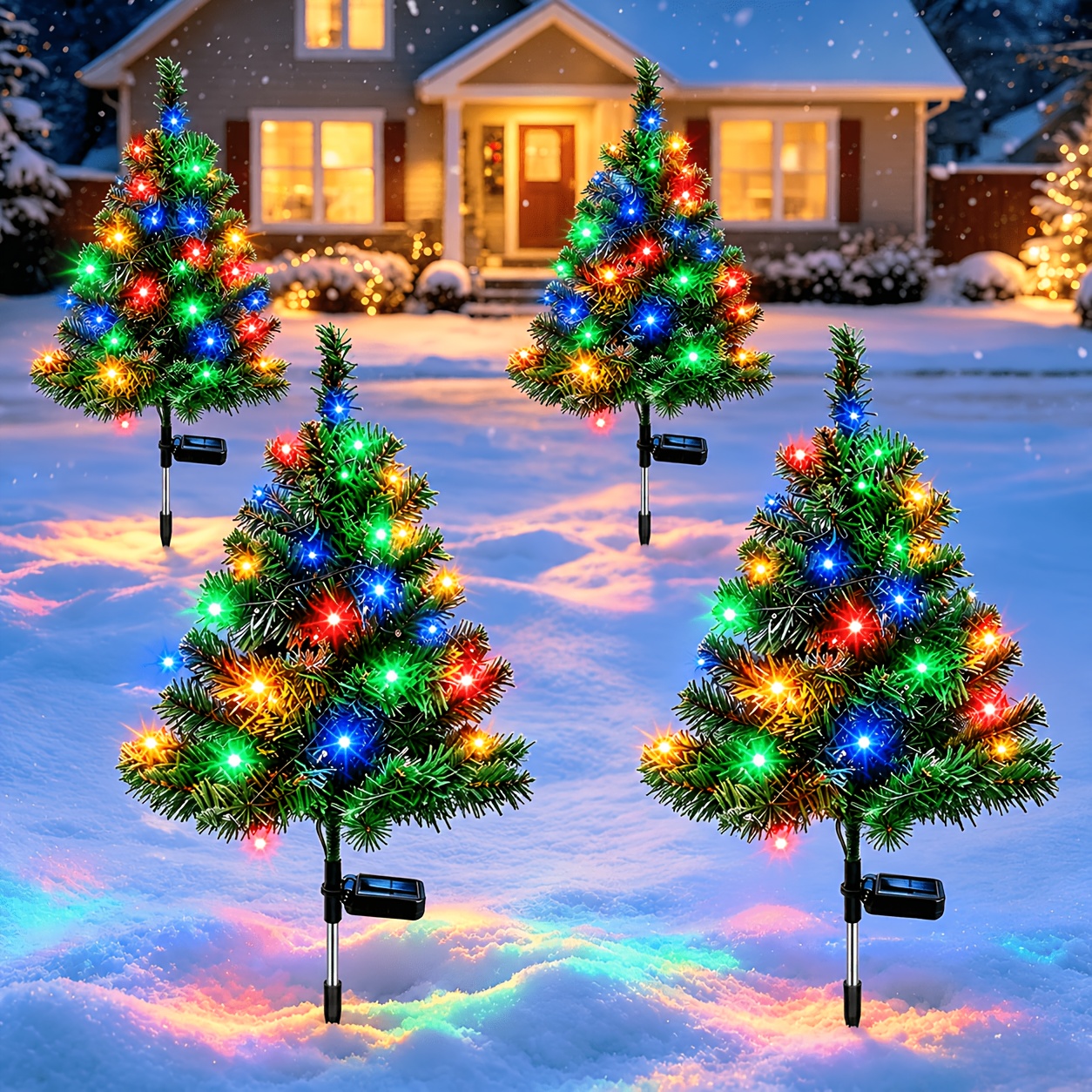 TEMU Set da 4 luci solari a forma di albero di Natale da 90 cm per prato, luci LED colorate a forma di con simulazione di pino, luci da giardino a