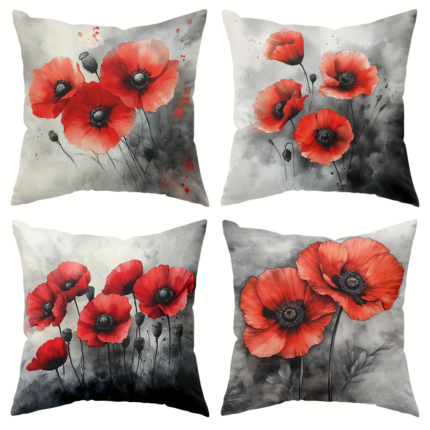 TEMU Parure de 4 taies d'oreiller à motif floral moderne, 18x18 pouces, blanches avec des coquelicots rouges, en durable, lavables en machine avec