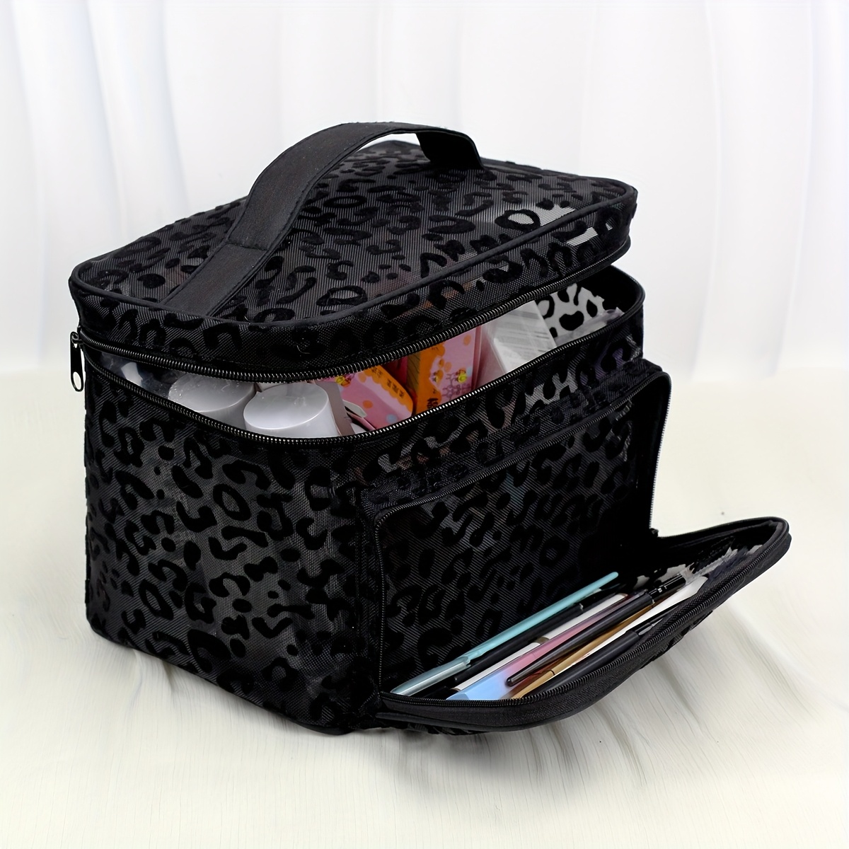 TEMU Simple And Stylish Black Mesh Leopard Print Flocked Large-capacity Multi-functional Makeup Bag, Compartment Organizer, Storage Pouch, Convenient