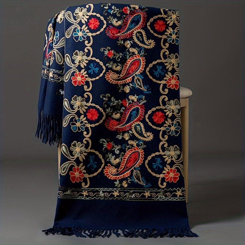 Image of Bohemian Embroidered Scarf Women's Winter Retro Cashmere Embroidered Thick Warm Cashmere Large Size Shawl Warm Outerwear Dual-use