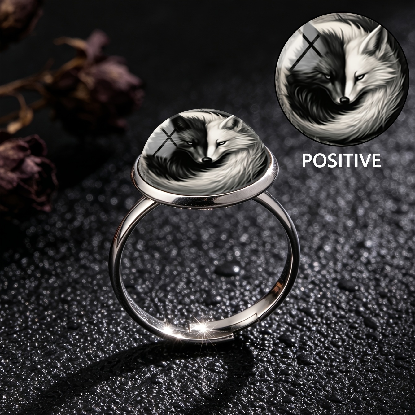 Women's Vintage Black and White Fox Tai Chi Pattern Ring