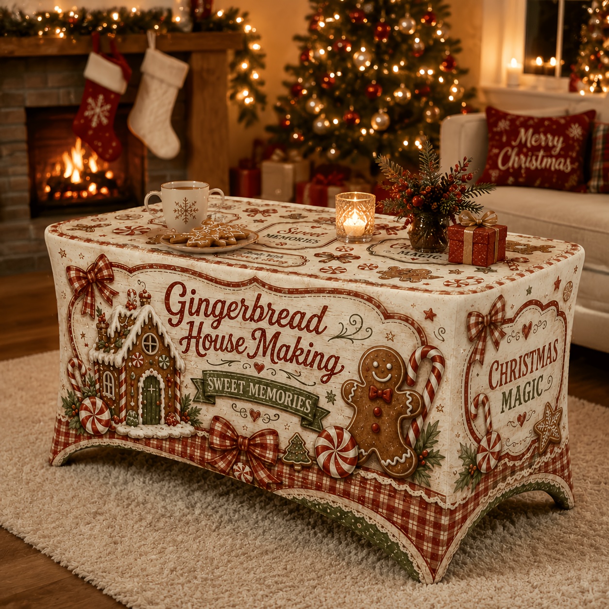 1pc christmas tablecloth with santa claus gingerbread house tree patterns elastic full edge table cover suitable for family dinners weddings holiday parties rectangular table for xmas decorations