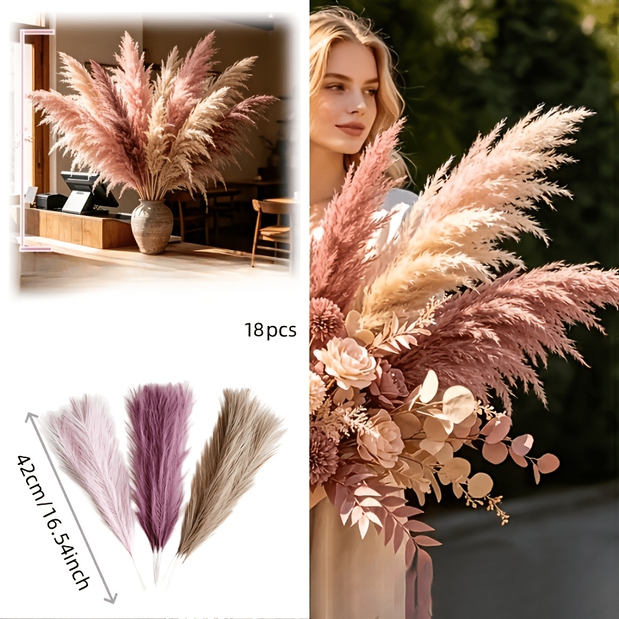 TEMU 18pcs Bohemian Style Artificial Reeds (pink, Beige, Red-brown 3-) | Suitable For Wedding Arrangements, Home Decor, Bouquet Embellishment, Vase