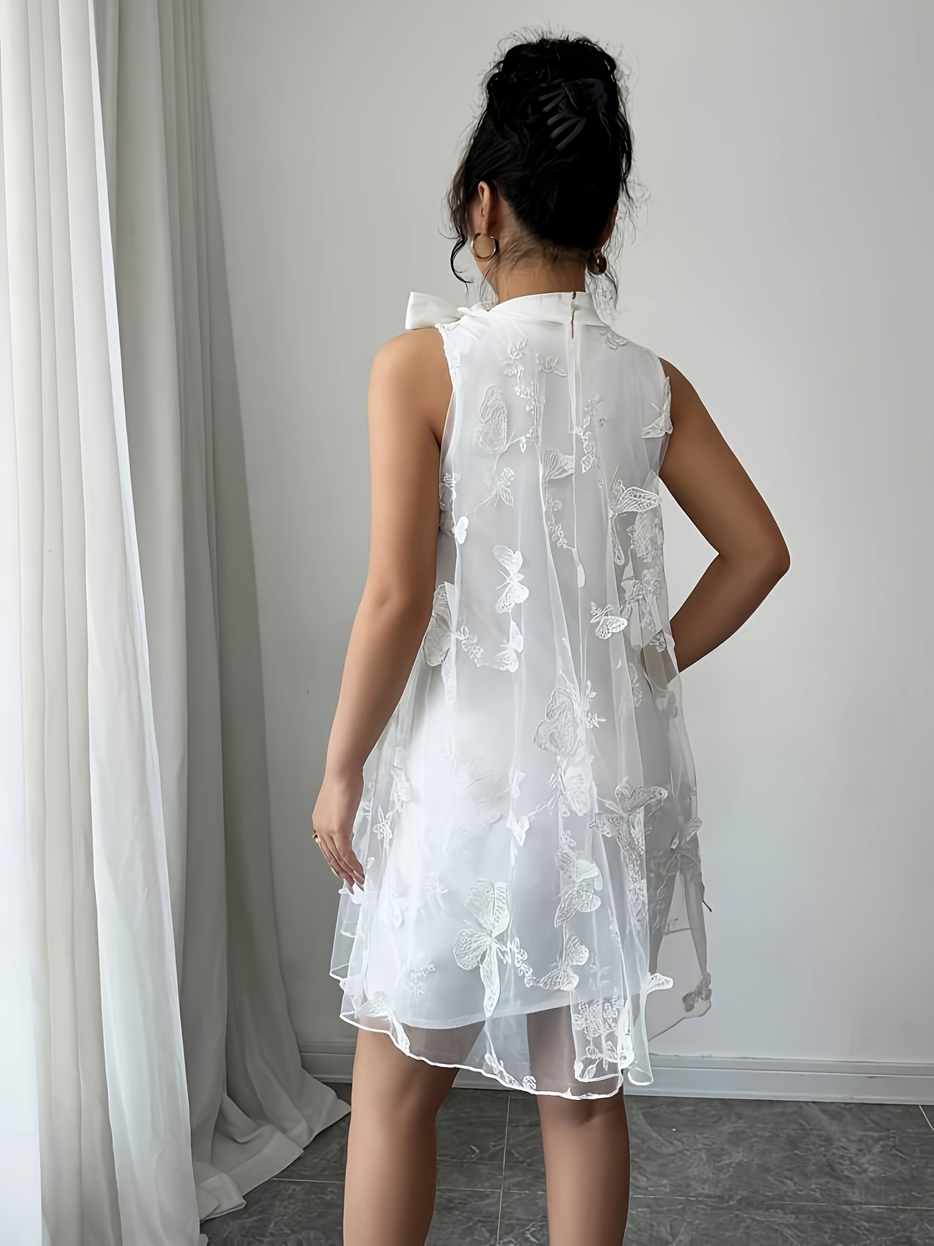 knee length dresses for ladies Dyer Sheer Sleeve Mini Dress White Low Impact main image 0