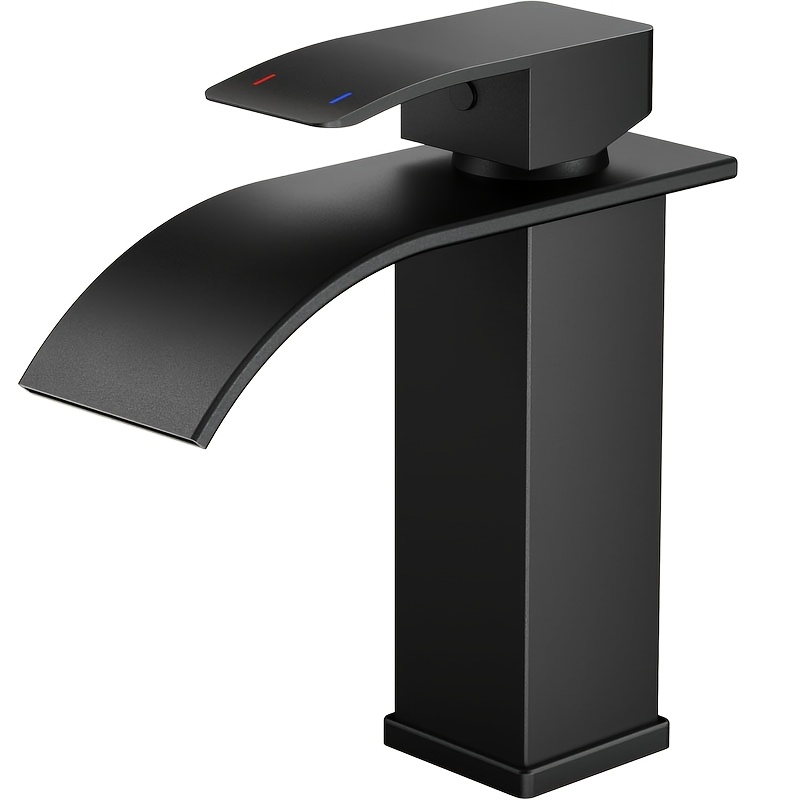 TEMU Waterfall Bathroom Faucet 1 Hole Single Handle Brushed Nickel Stainless Steel Modern Basin Mixer Tap 3 Hole Deck Plate Rv Basin, Matte Black