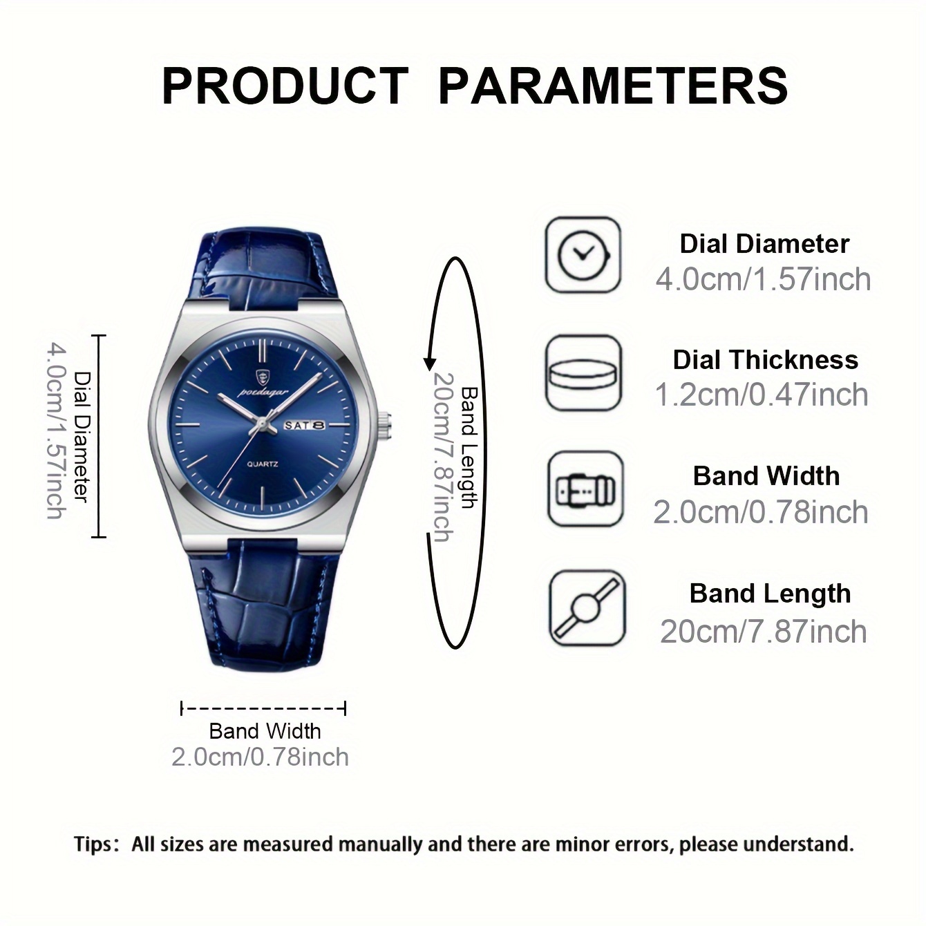 mens quartz   style luminous dial round case with blue pu leather strap date function strong luminescent hands non rechargeable button battery alloy case wristwatch details 7