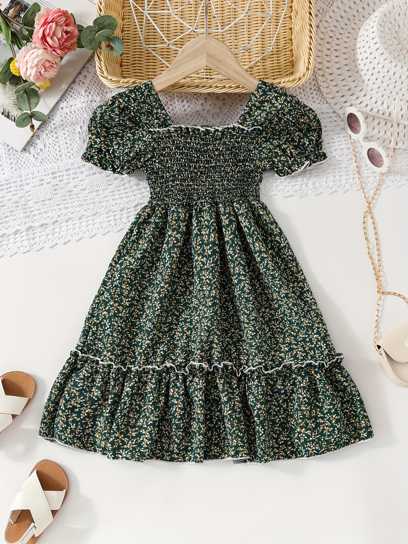 slim fit dress slacks Green Floral Lace Fitted Short Sleeve Midi Dress main image 0