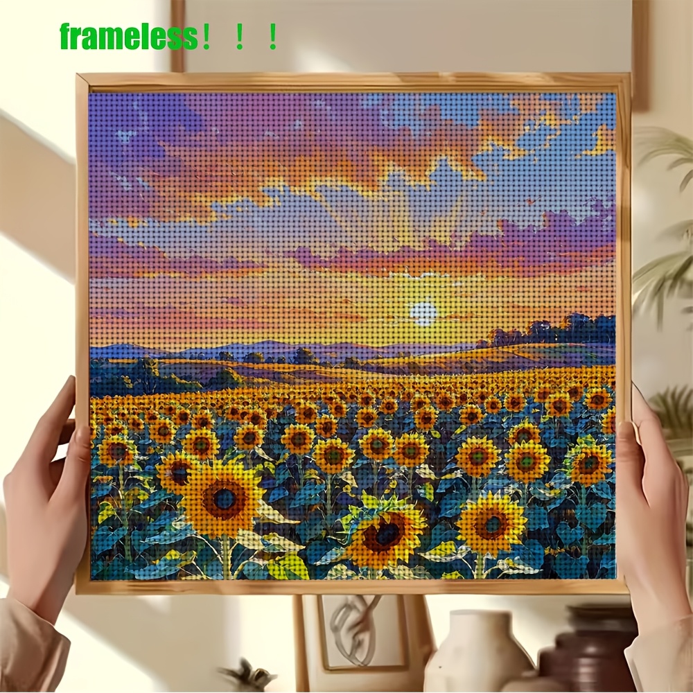 11CT Frameless Cross Stitch Kit, Sunflower Field Sunset Design