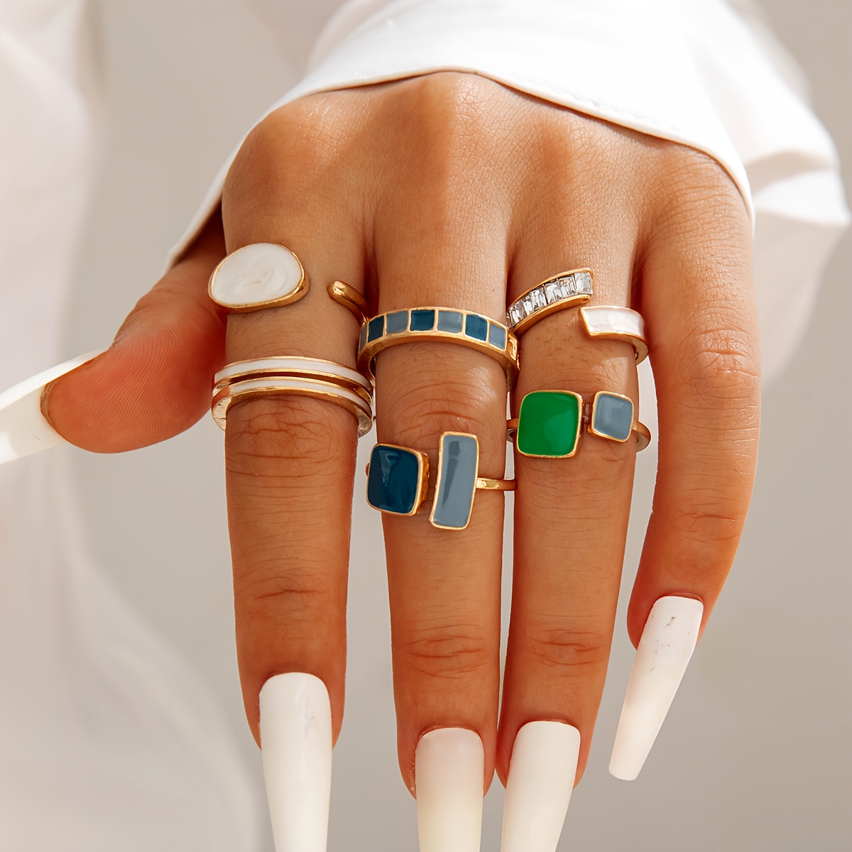 TEMU Set da 6 anelli da di fascia , impilabili, , eleganti e di tendenza, con strass, smaltatura a colorata, linea , aperti su un'estremit�, adatti