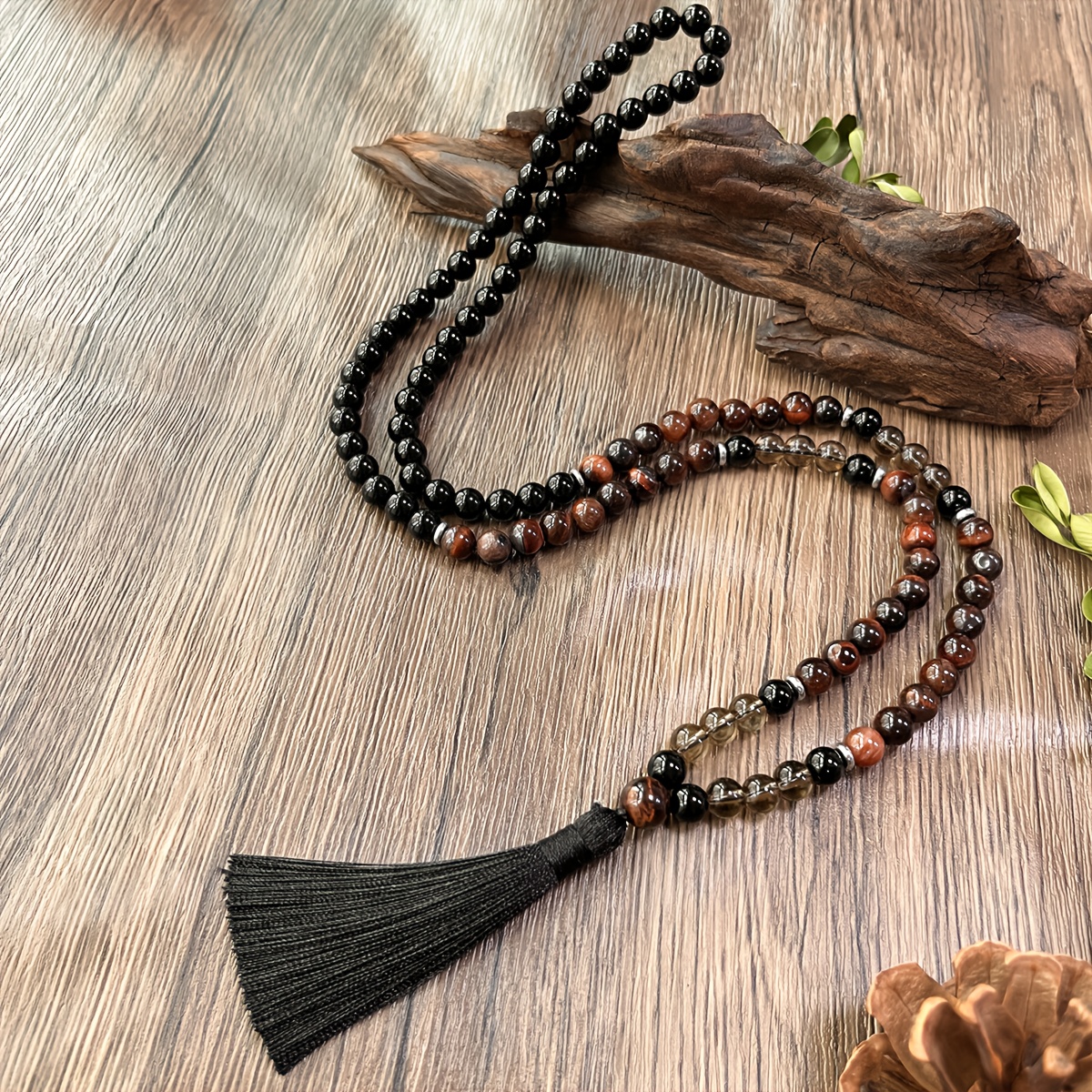 TEMU Small Necklace 108 Tiger Eye, Smoky Quartz And Obsidian Hand-beaded Natural Stone Tassel Necklace Retro Bohemian Fashion Jewelry Additions