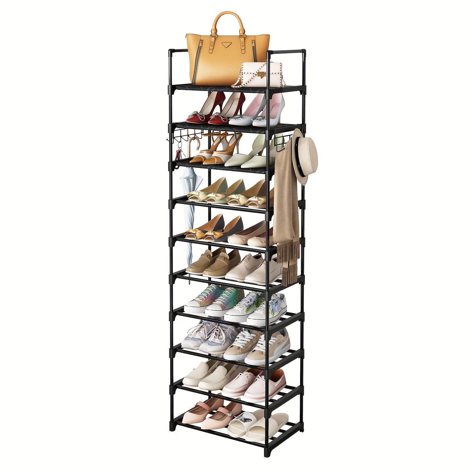 

10-tiers Shoe Rack For Cloest, Tall Shoe Organizer For Entryway Bedroom Hallway, Shoe Storage Large Capacity For 20-24 Pairs Of Shoes And Boots, Narrow Metal Shoe Shelf With Hooks (black), 78.7in