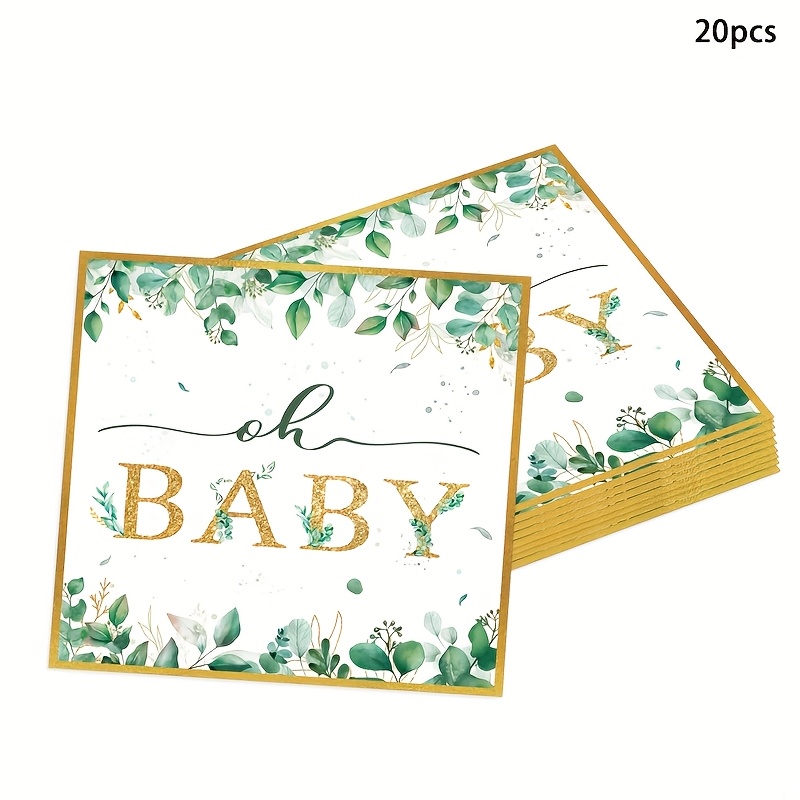E-shop 20er-Pack Blatt & Blumen "Oh Baby" Party-Servietten – Elegante grüne goldene Einweg-Papierservietten für Babypartys, Gender Reveals, Hochzeiten,
