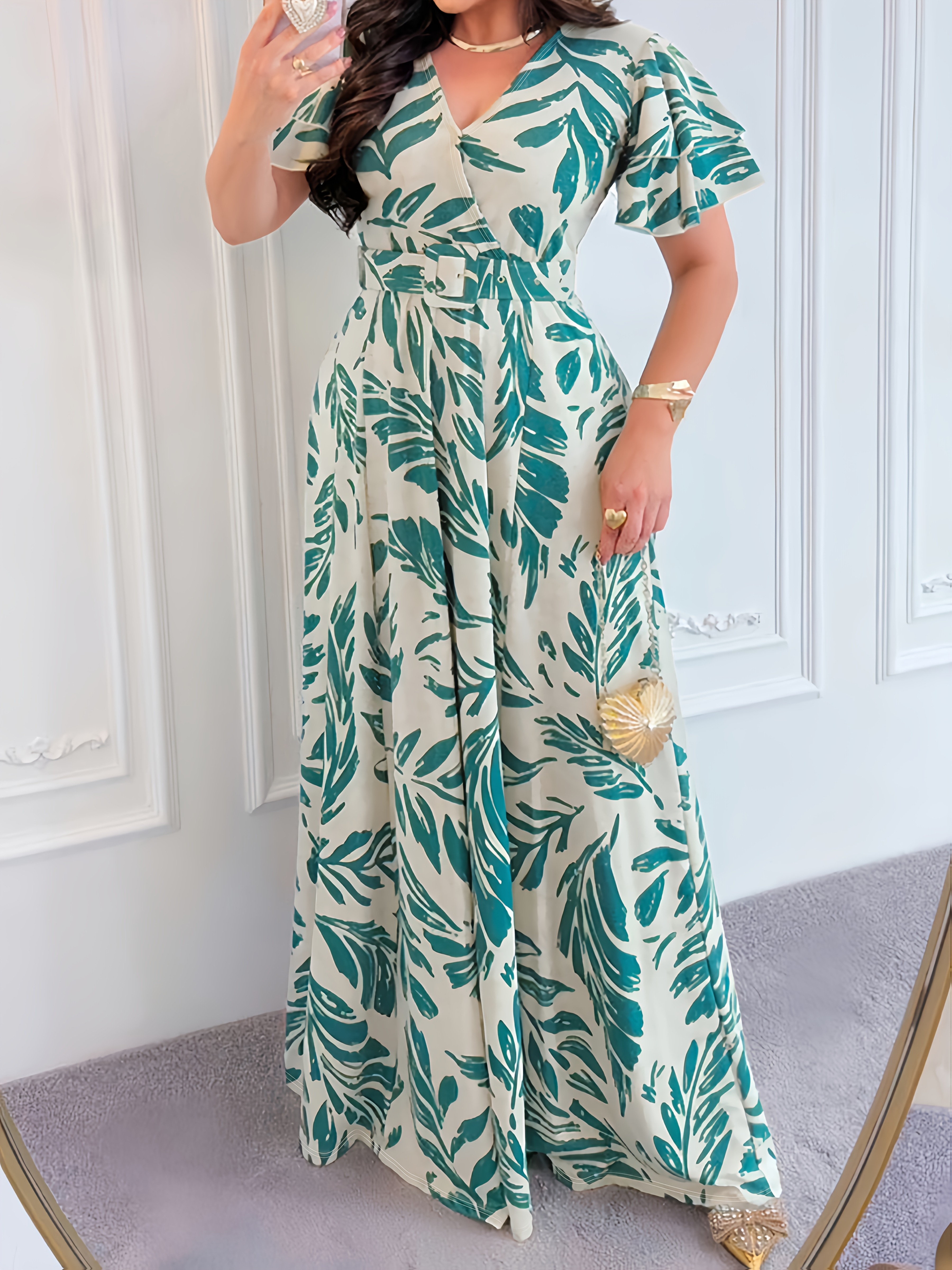 plus size summer maxi dresses canada Plus Size */Summer Plus Size Fashionable and Elegant * Printed V-Neck Long  Dress with Belt JN9573