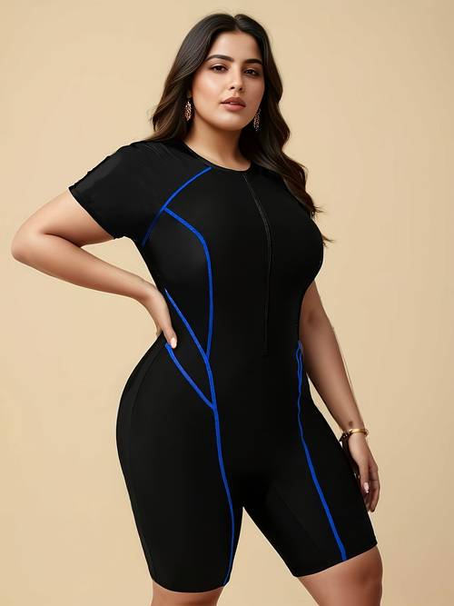european and american new plus size swimwear womens conservative boyleg shorts zipper one piece swimsuit