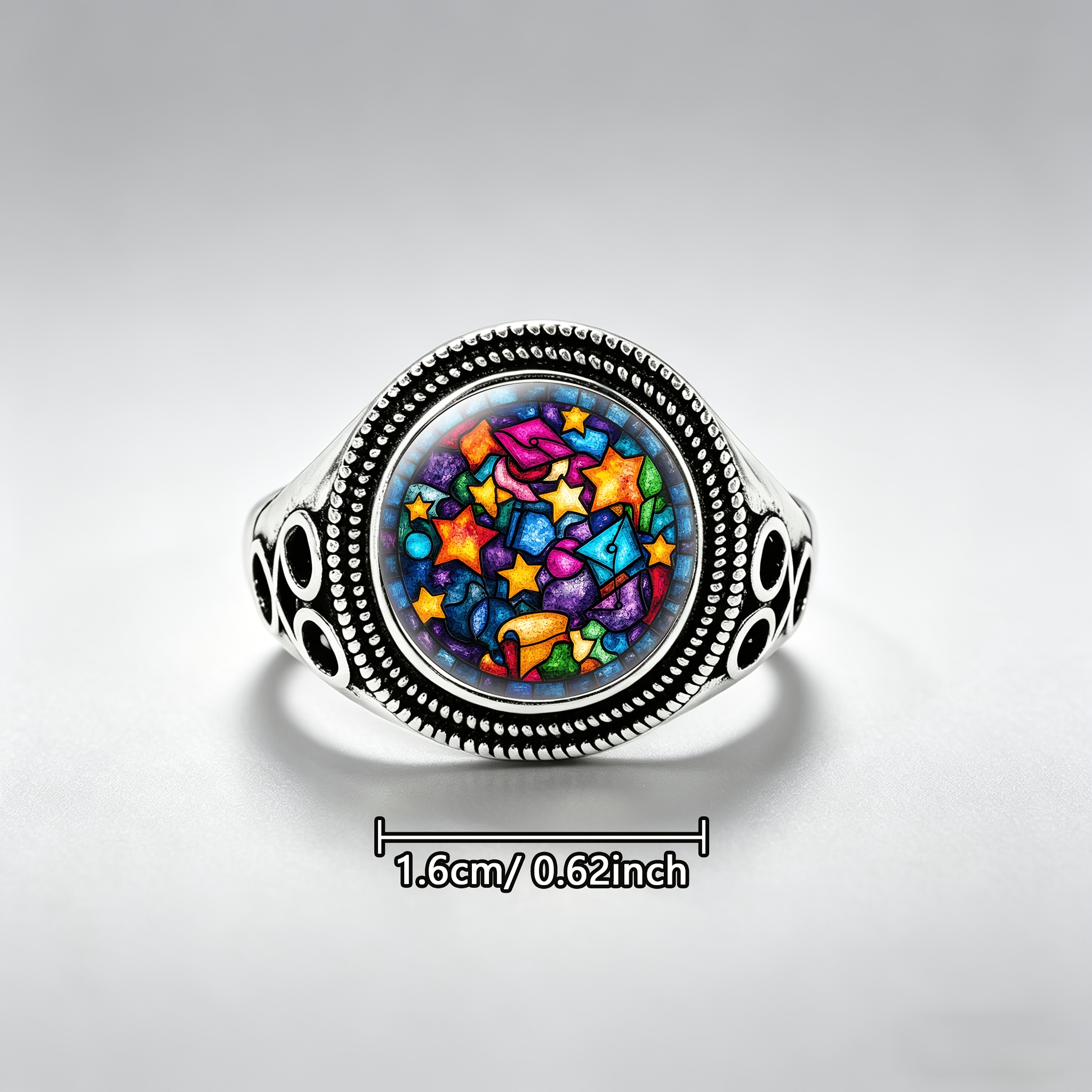 Classic Black Side-Hollow Carved Adjustable Open Ring with Stained Glass Design