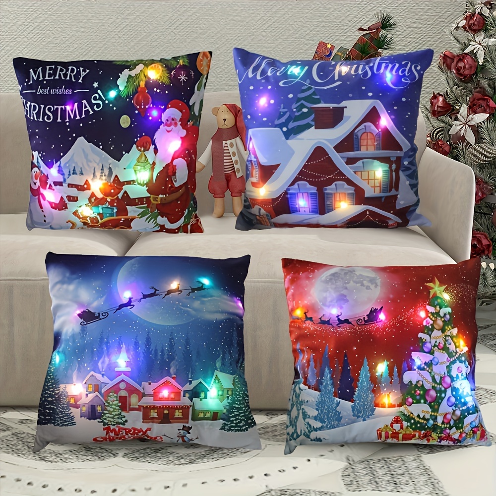 Set Of 4 Glowing Santa Claus Christmas Pillow Covers - Vibrant Led Cushion Cases For Holiday Decor, Perfect For Sofa, Bedroom, Or Living Room, Unique Gift Idea, Pillow Inserts Not Included