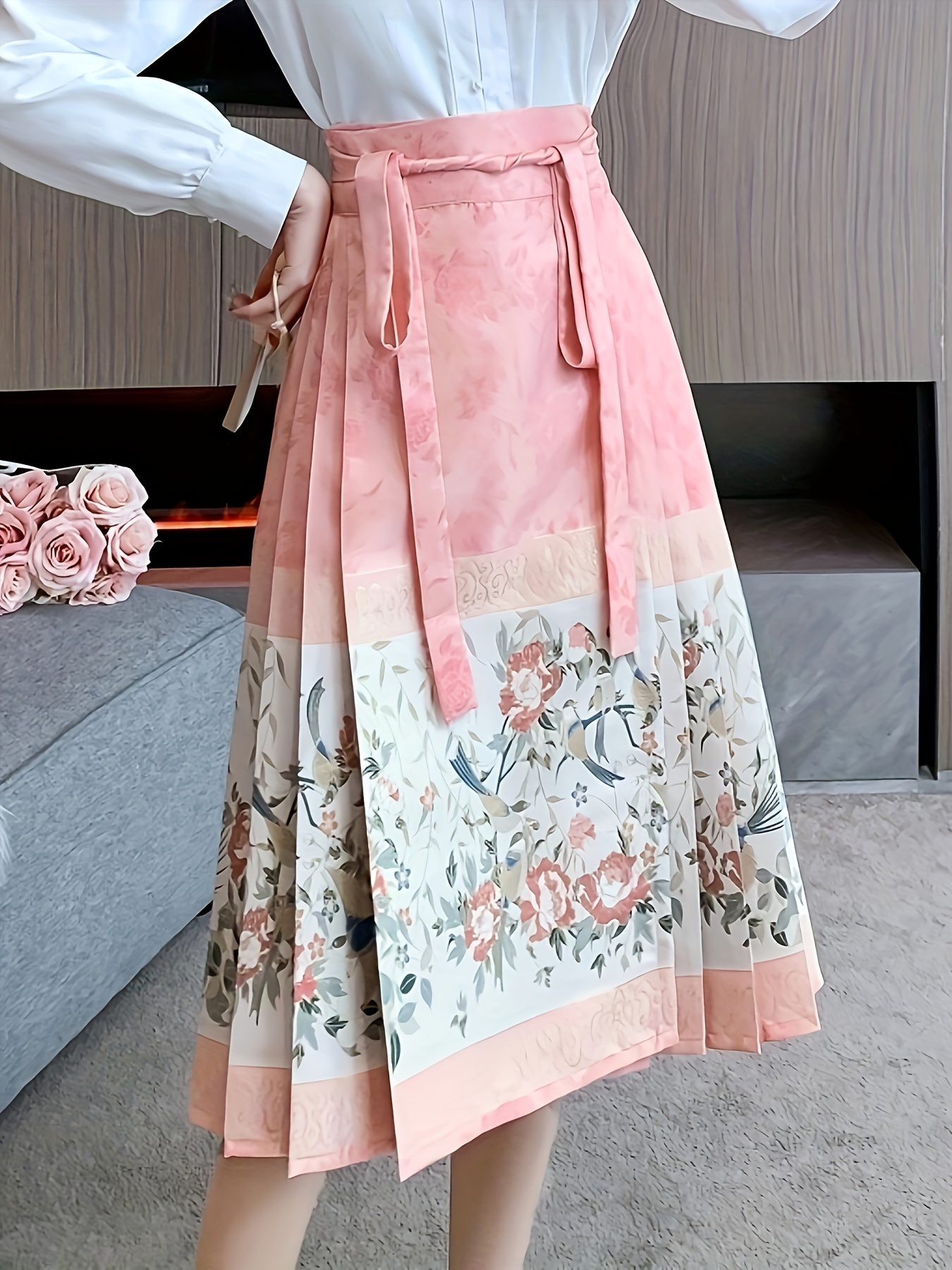 Floral Pattern Mamianqun Skirt, Chinese Vintage High Tie Waist A-line  Midi Skirt, Women's Clothing