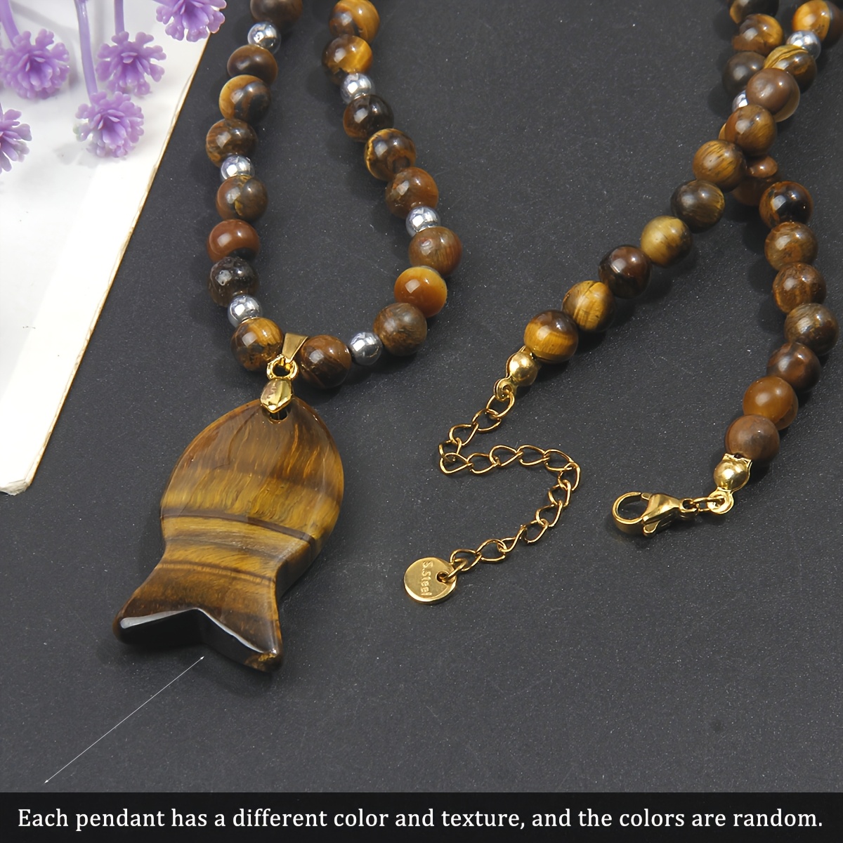 Natural Tiger's Eye Round Bead Necklace with Fish-Shaped Pendant