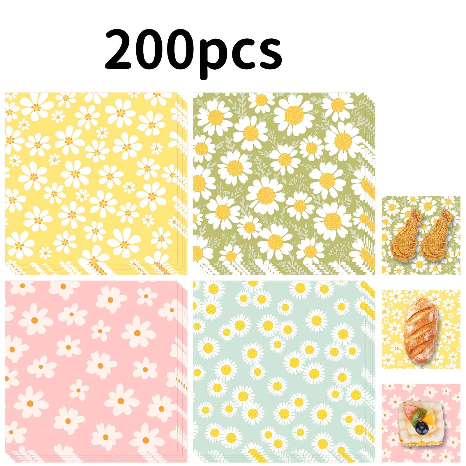 TEMU 100/200pcs Bread Greaseproof Paper, 18*18cm, Spring With Daisy And Other Flower Patterns, Suitable For 's Day, New Year, Valentine's Day,