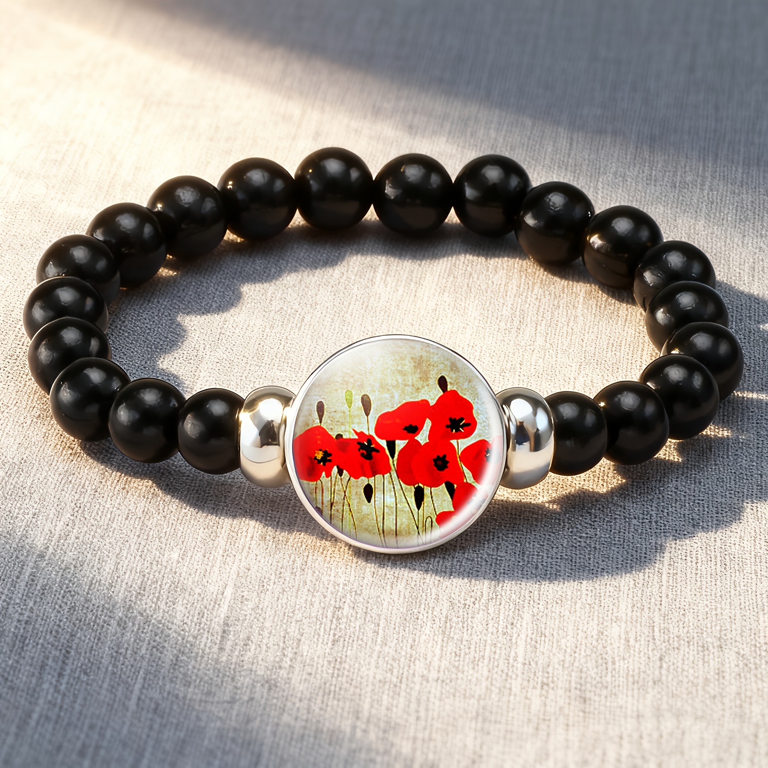 TEMU 1pc Packaging, -colored Plastic Bead And Chain Bracelet, Featuring A Red Poppy Flower Circular Art Print . This Pairs Well With Any Attire.