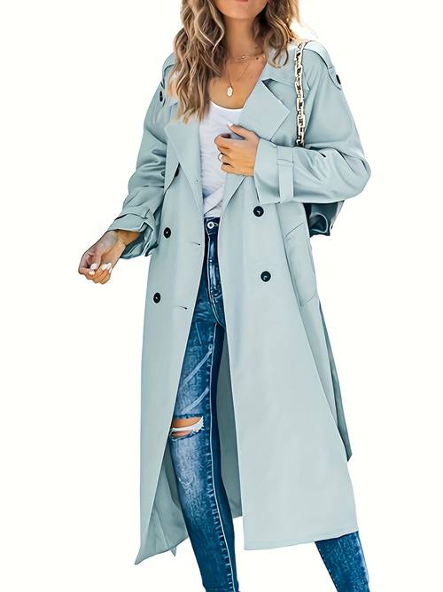 womens fall and winter casual long solid color windbreaker lapel design coat
