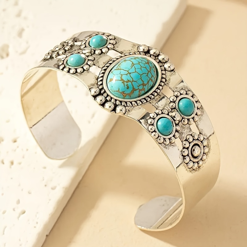 

1pcs Unique Cuff Bangle Bracelet Iron Jewelry With Faux Turquoise Inlaid Vintage Bohemian Style Personality Female Hand Jewelry