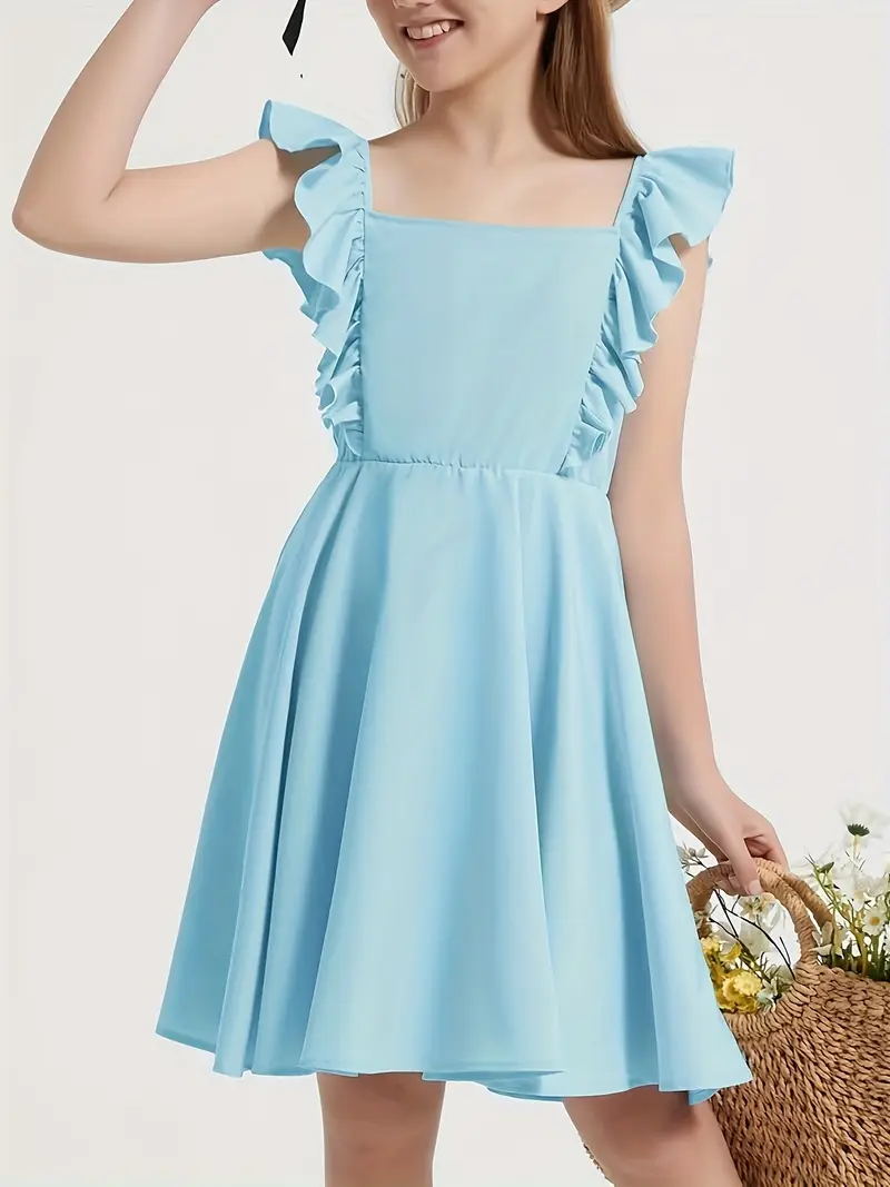 girls bow back square neck ruffle sleeve preppy dress - Temu girls bow back square neck ruffle sleeve preppy dress - Temu