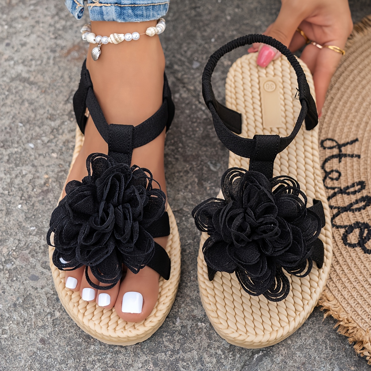 TEMU Wdhkun Elegant Women's Floral Flat Sandals, Large Flower Embellished Casual Open-toe Flats, Lightweight Comfortable Casual Open-toe Slip-on