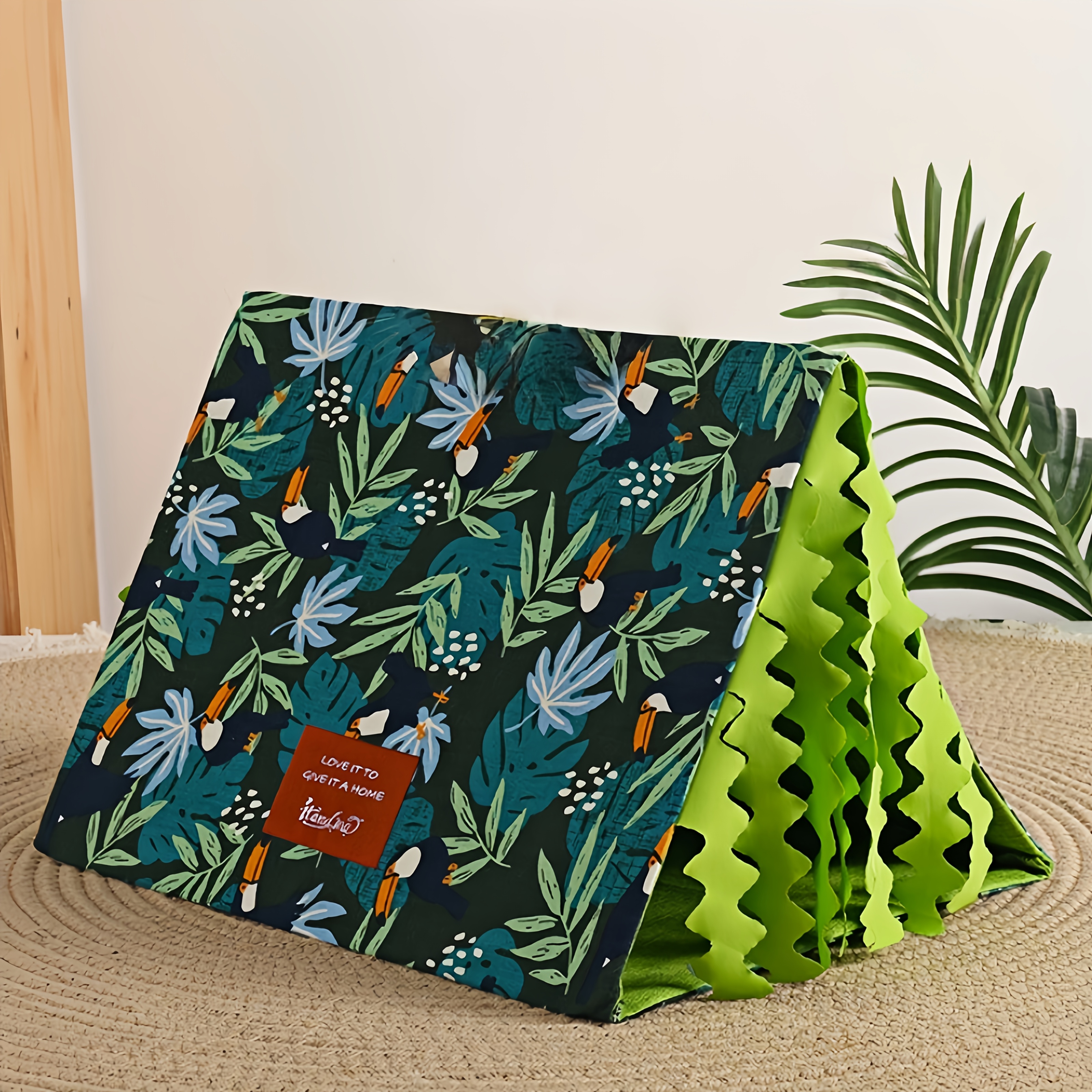Image of 1pc Washable Guinea Pig Tunnel With Curtains - Cozy With Ventilation , Tropical Leaf Pattern & Green/blue Colors For Rabbits, Guinea Pigs, Hamsters, Mice - Indoor/outdoor Safe Cozy Hideout