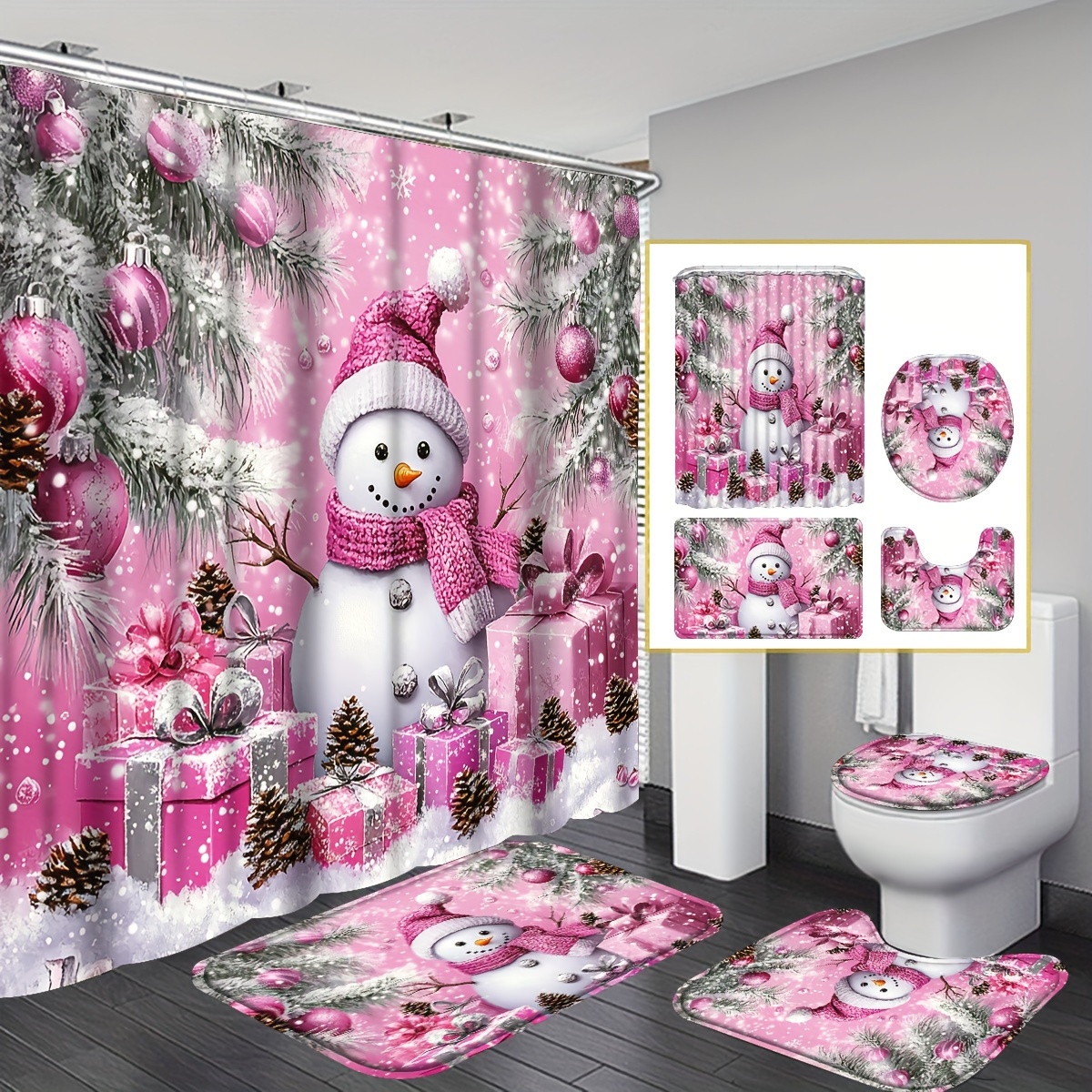 

4pcs Christmas Snowman Shower Curtain Set, Christmas Curtain Set Rugs, Mat, , Bathroom Decoration Curtain Set 12 , Christmas Bathroom Decor