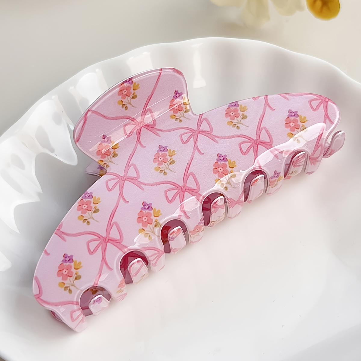 TEMU Cute Pink Bow & Floral Print Hair Claw Clips For Women, Large Shape Hair Clips, Sweet Aesthetic Hair Accessories For Thick Hair, Y2k Style Hair