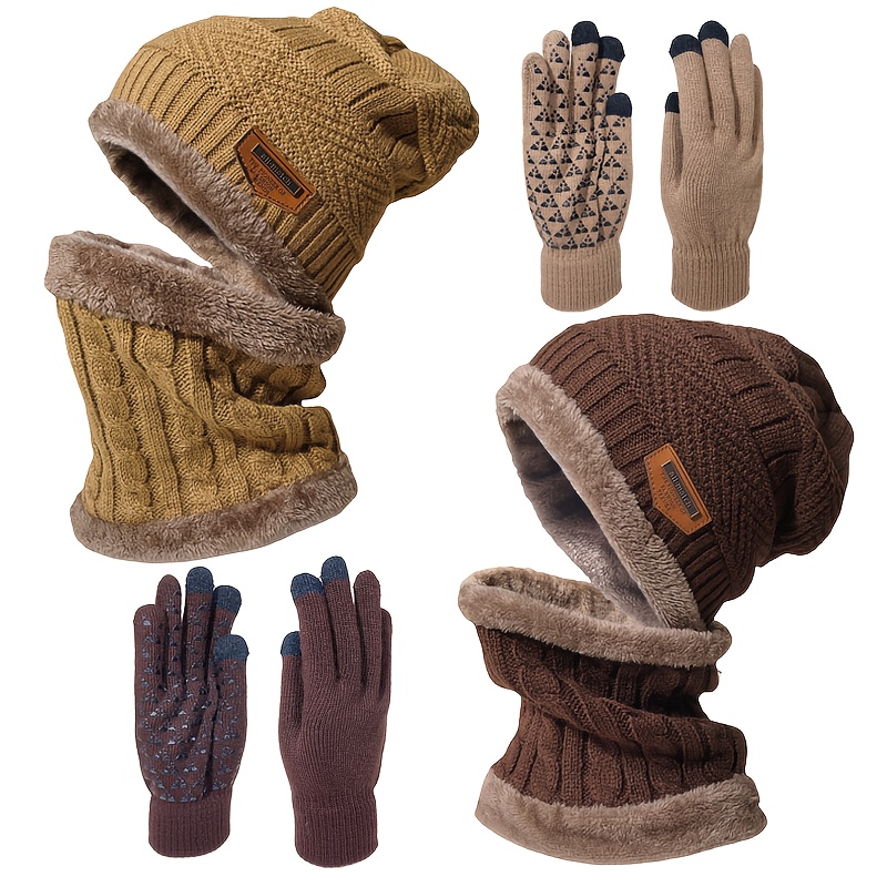 Image of 6pcs/2packs 3pairs Hat Scarf Gloves Set Winter Outdoor Adult Fleece-lined Thickened Warm Set