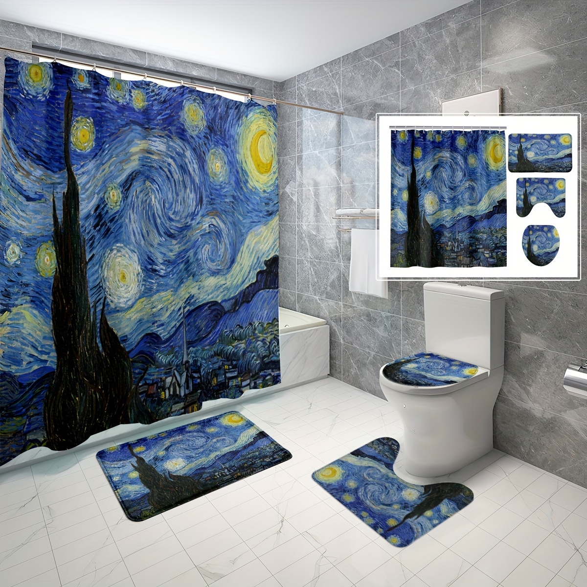 

1/3/4pcs Van Gogh's Starry Night Design Bathroom Set, Machine Washable, Shower Curtain, Non-slip Bath Mat, Mat, Toilet Lid Cover, Bathroom Decor, Hooks Included